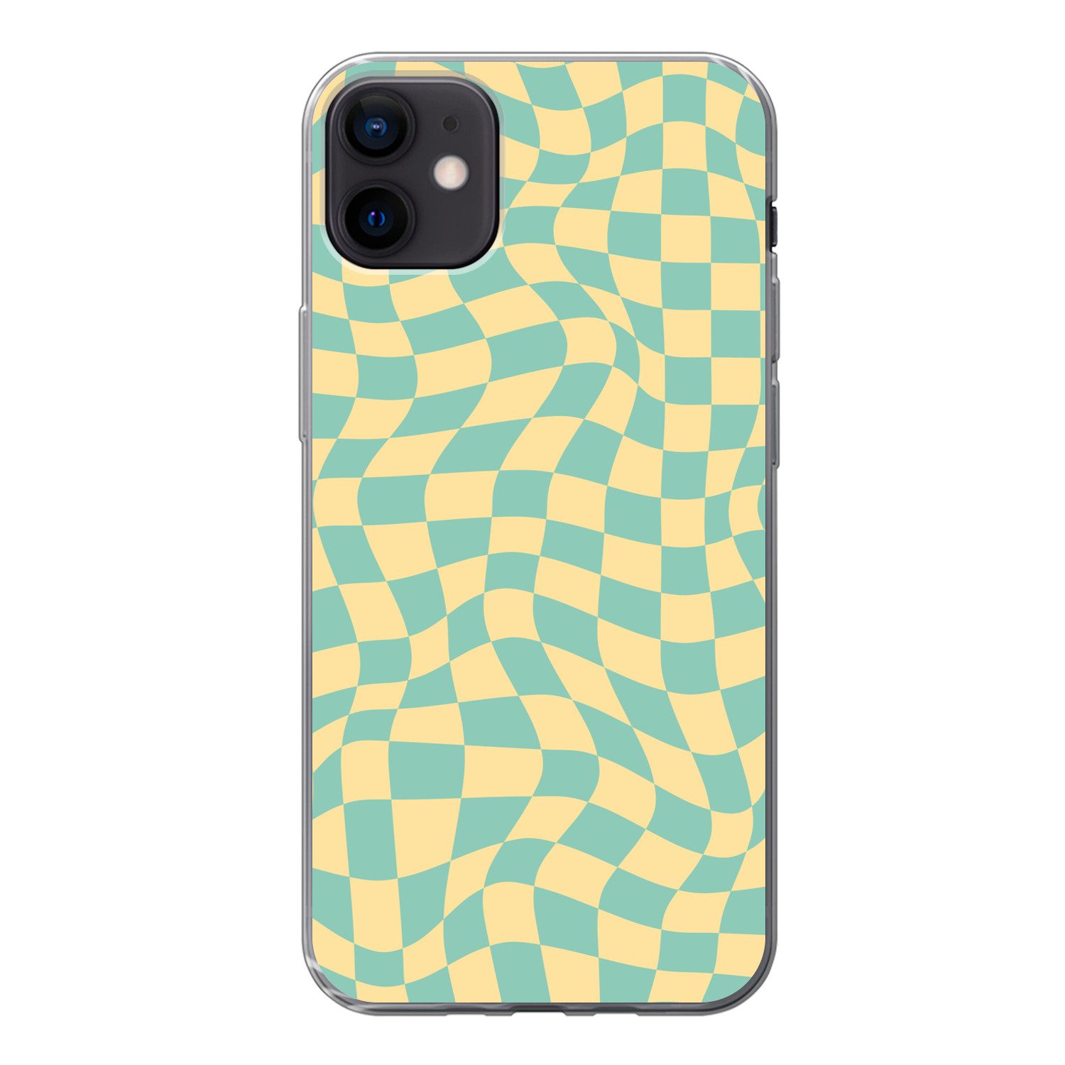 MuchoWow Handyhülle für Apple iPhone 12 mini Quadratisches Muster - Gelb - Blau - Wellenli, Smartphone-Bumper, Print, Handy Schutzhülle Dünn