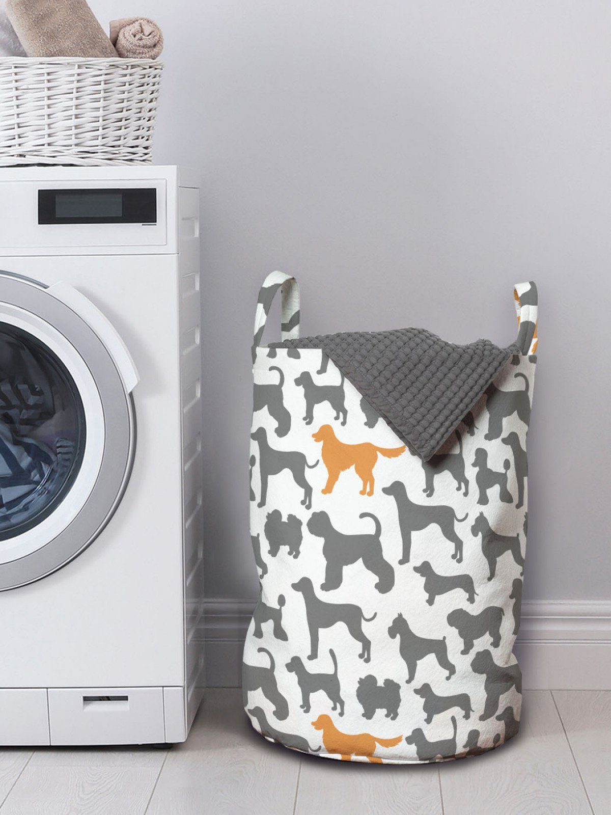 Waschsalons, Wäschekorb Hunde Hundeschattenbilder Kordelzugverschluss Wäschesäckchen für Haustier-Liebhaber Abakuhaus mit Griffen