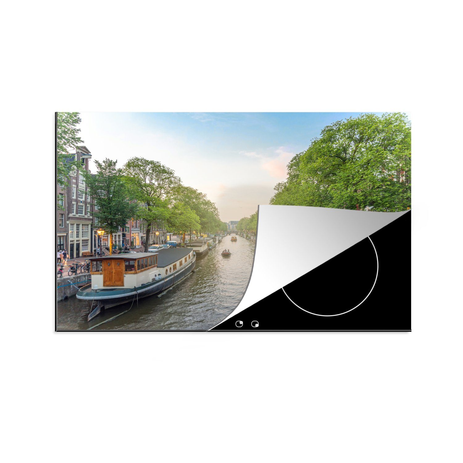 MuchoWow Herdblende-/Abdeckplatte Farbenfrohes Foto der Prinsengracht in Amsterdam, Vinyl, (1 tlg), 81x52 cm, Induktionskochfeld Schutz für die küche, Ceranfeldabdeckung