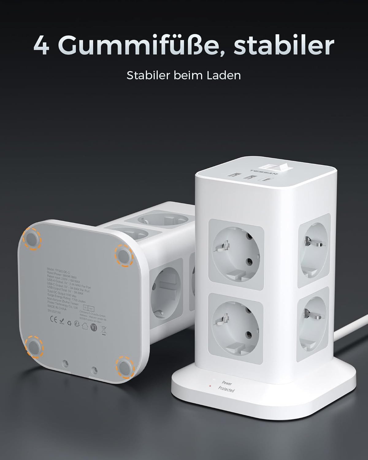 TESSAN 8 Fach Mehrfachsteckdose 3 USB(2USB,1 USB C) Steckdosenleiste Kabel 2m Mehrfachsteckdose (Ein- / Ausschalter, USB-Anschlüsse)