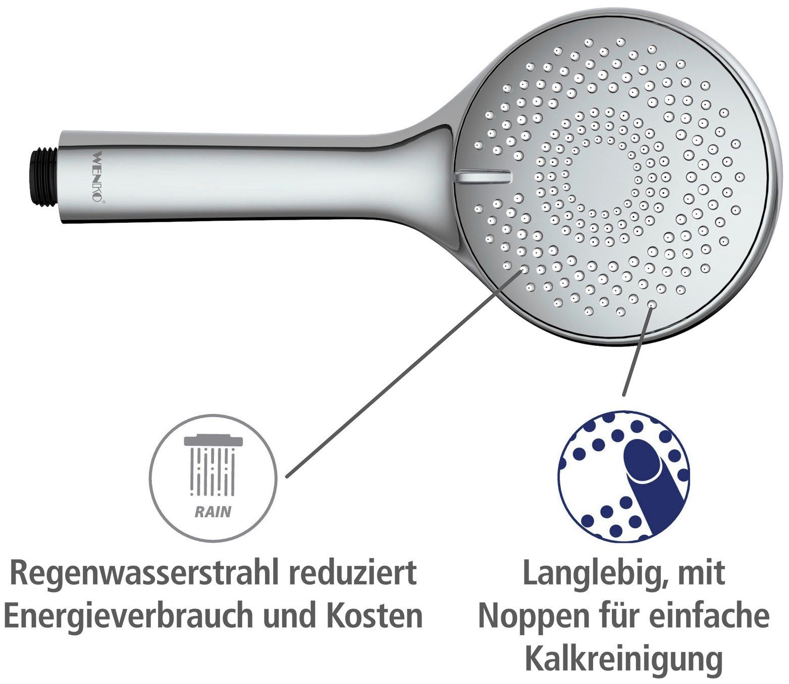 WENKO Handbrause Watersaving System, 11 cm Watersaving Duschkopf Chrom, Durchmesser