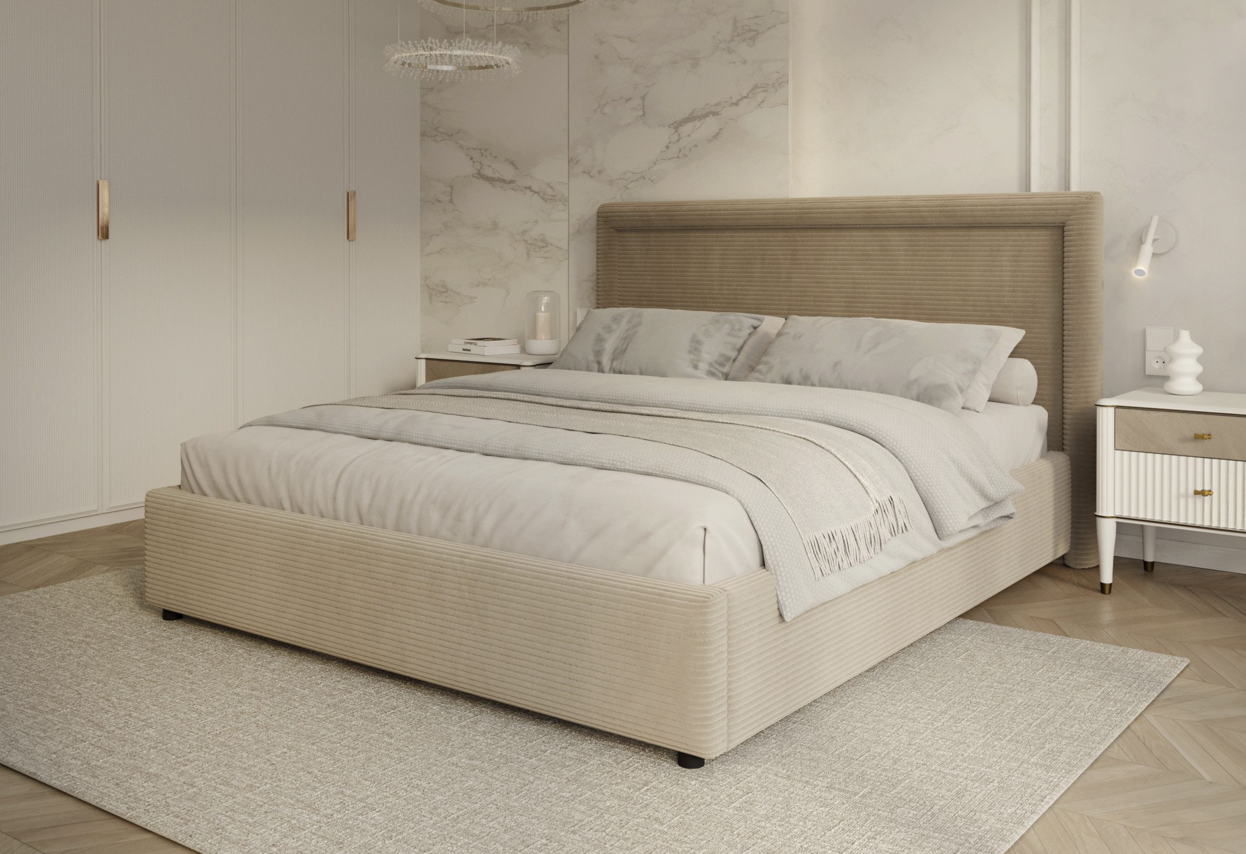 FDM Polsterbett BUSCA modern mit Bettkasten MADE IN EU - mit Cord Bezug (verfügbar 90x200 120x200 140x200 160x200 180x200cm, Bettrahmen, Bett, mit großen gepolsterten Kopfteil, mit Bettkasten zum aufklappen), Hebbarer Metallrahmen, Bettkasten, mit/ohne Matratze