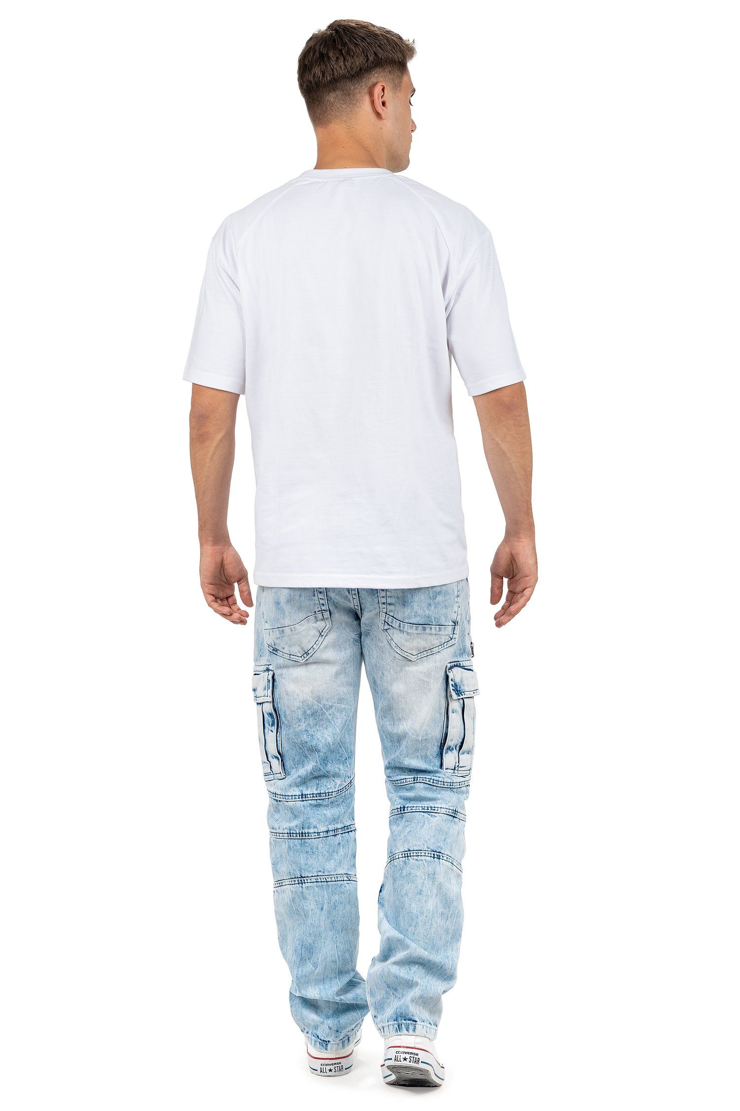 Cipo & Baxx Bikerjeans Herren regular fit Hose Stonewashed BA-CD798 Iceblue im Cargo-Style mit 5-Pocket-Style und Rippenmuster