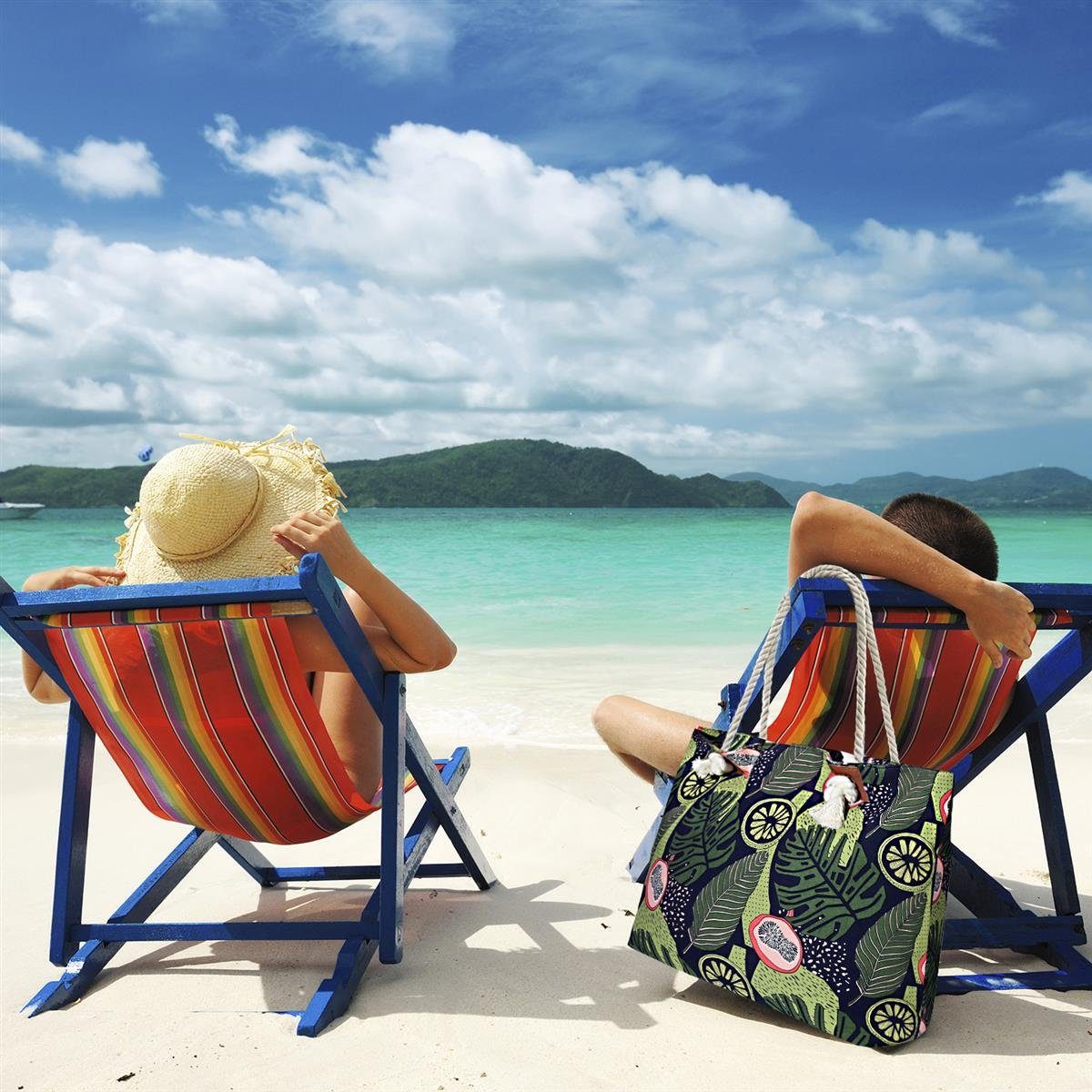 Motive (2-tlg), Shopper Früchte Style Große tropen DonDon Schultertasche Strandtasche mit Reißverschluss, Strandtasche, tolle Beach