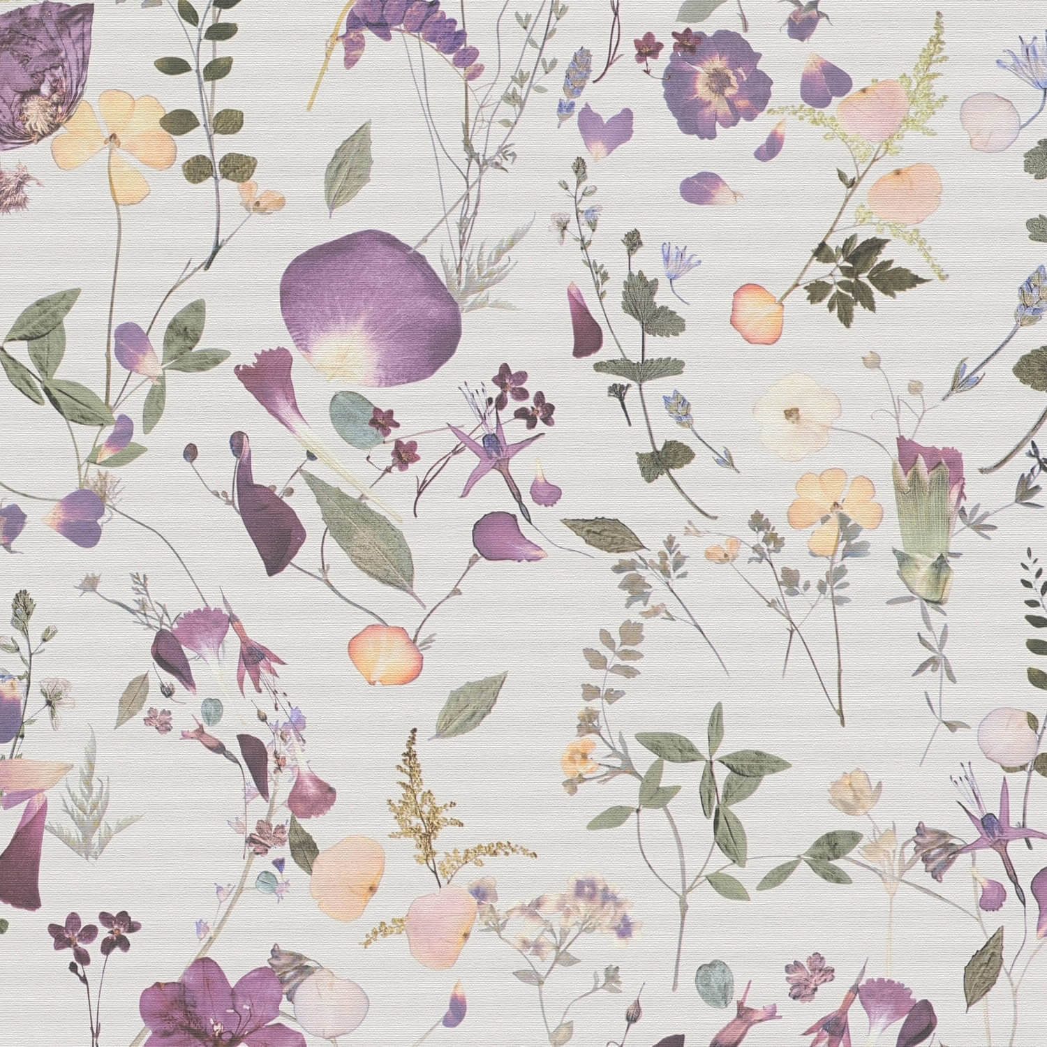 Profhome Vliestapete 397462-GU Blumen Tapete matt violett grün gelb 5,33 m2, leicht strukturiert, matt, (1 Rolle, 5.33 qm), heißgeprägte Vliestapete in violett