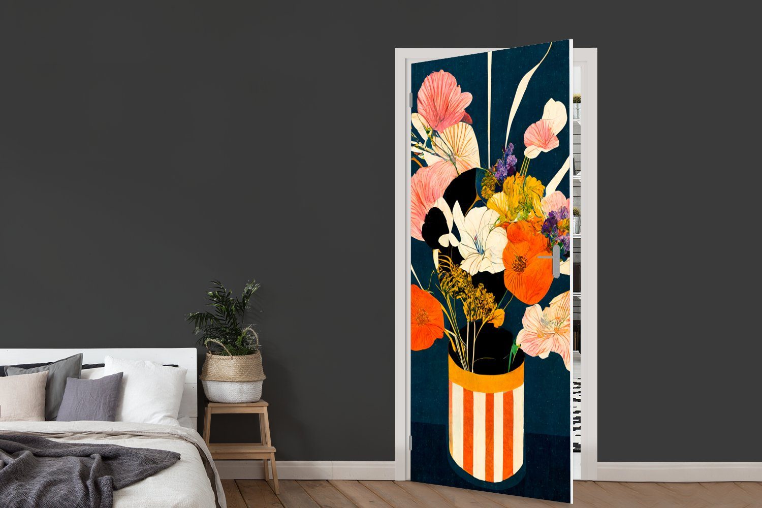 Tür, bedruckt, Pflanzen, Türtapete - Matt, - (1 für MuchoWow Fototapete Vase - cm Blumen 75x205 Malerei St), Türaufkleber,