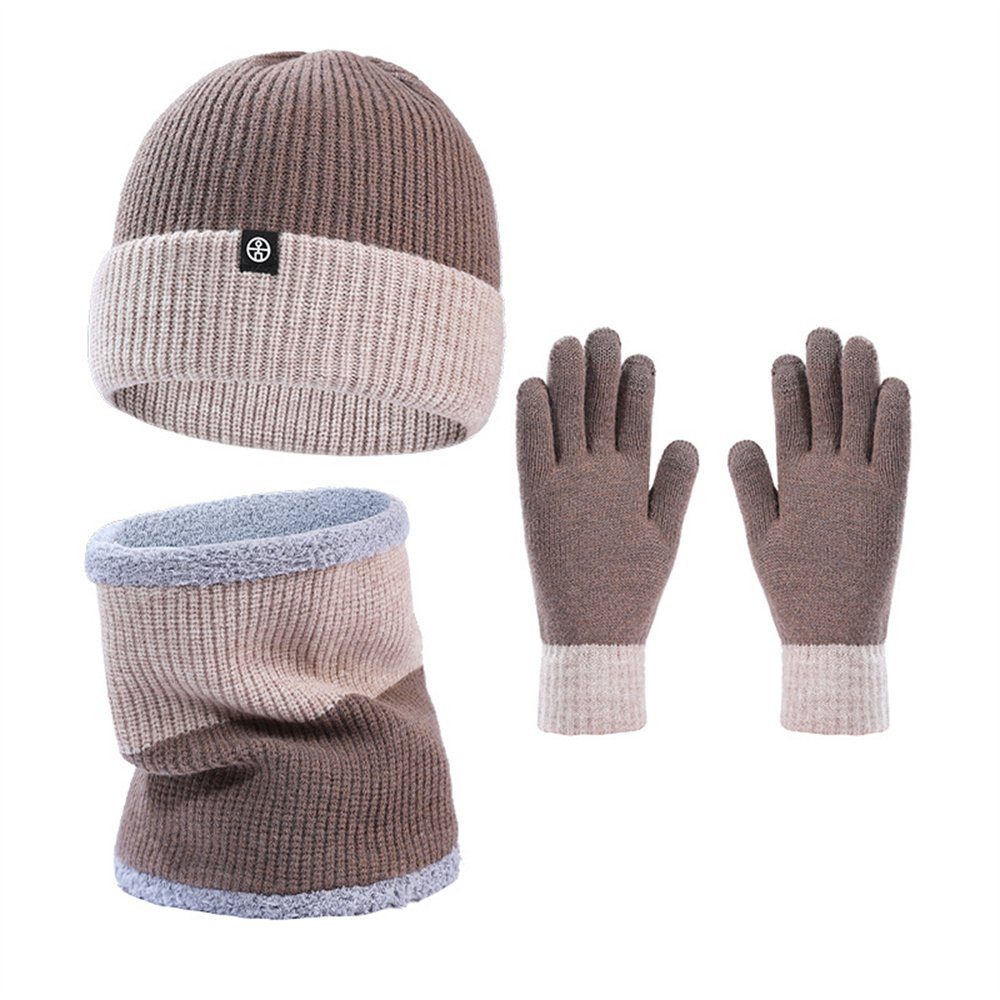 Rouemi Mütze & Schal Strickmützen-Set,Warme kalte Mütze Schal Handschuhe Dreiteiliges Set Braun