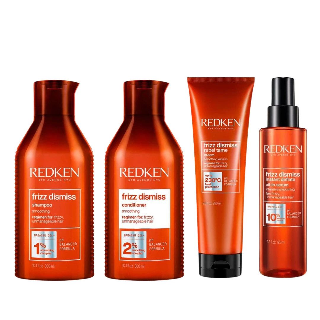 Redken Haarpflege-Set Redken Frizz Dismiss 4er Set – Shampoo, Conditioner, Rebel Tame & Inst, 4-tlg., reichhaltig