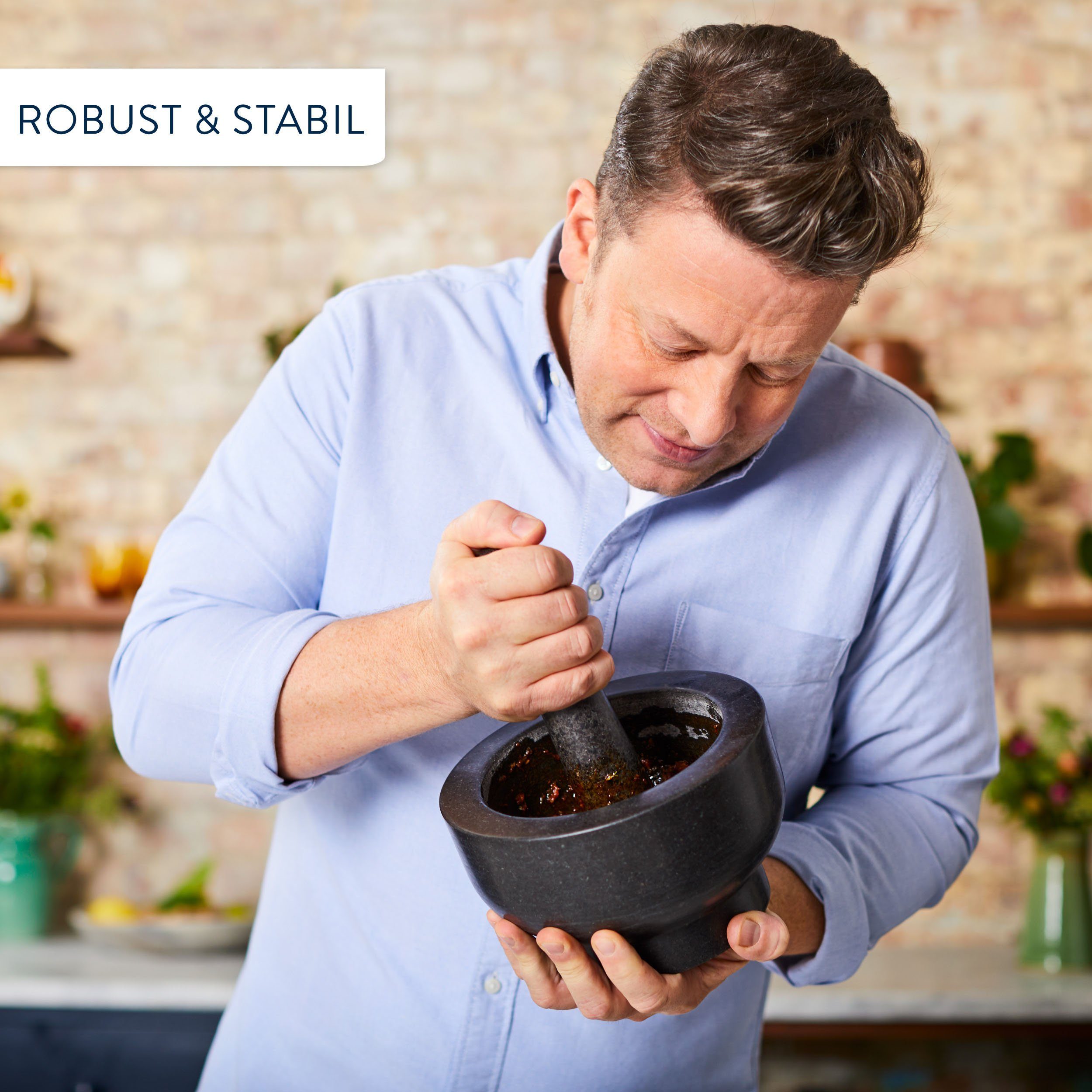 Tefal Mörser Jamie Oliver by robust, Tefal, Granit trockene nasse und Zutaten, Reinigung, (2-tlg), für einfache