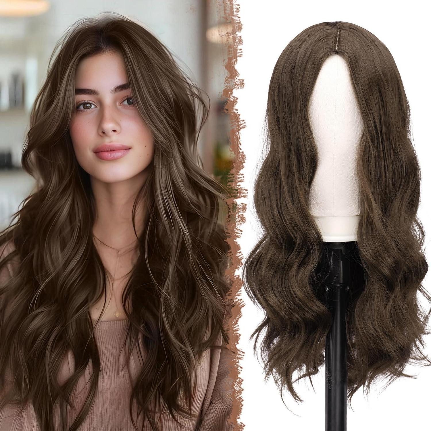 LuxusKollektion Kunsthaarperücke Perücke Damen lange Locken synthetisch wavy Wig Mittel Braun 60 cm