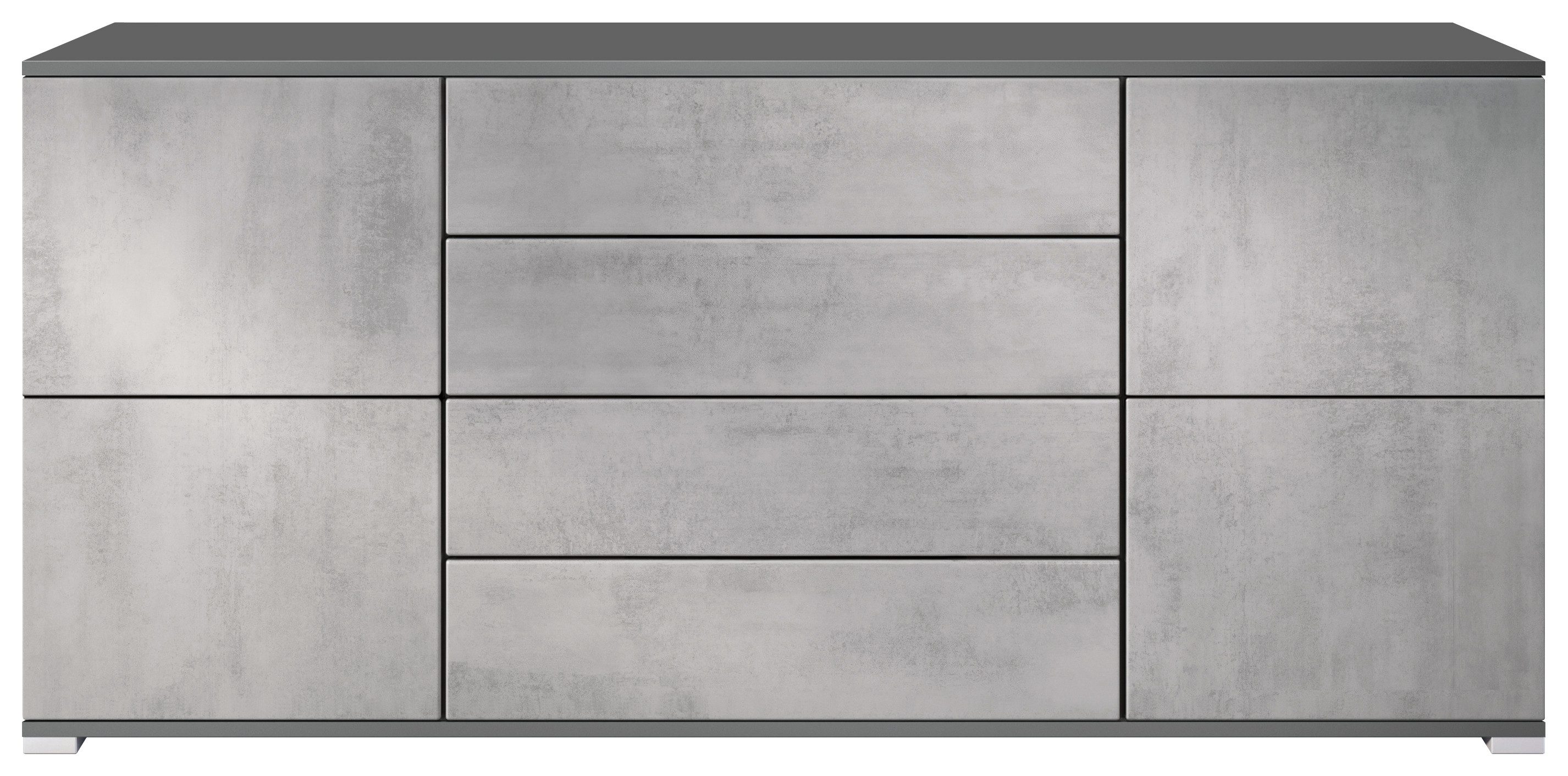 Vladon Sideboard Rova V2 (Kommode mit 4 Türen, 4 Schubladen, Made in Germany), Anthrazit matt/Beton Oxid Optik (166,5 x 75,5 x 35)