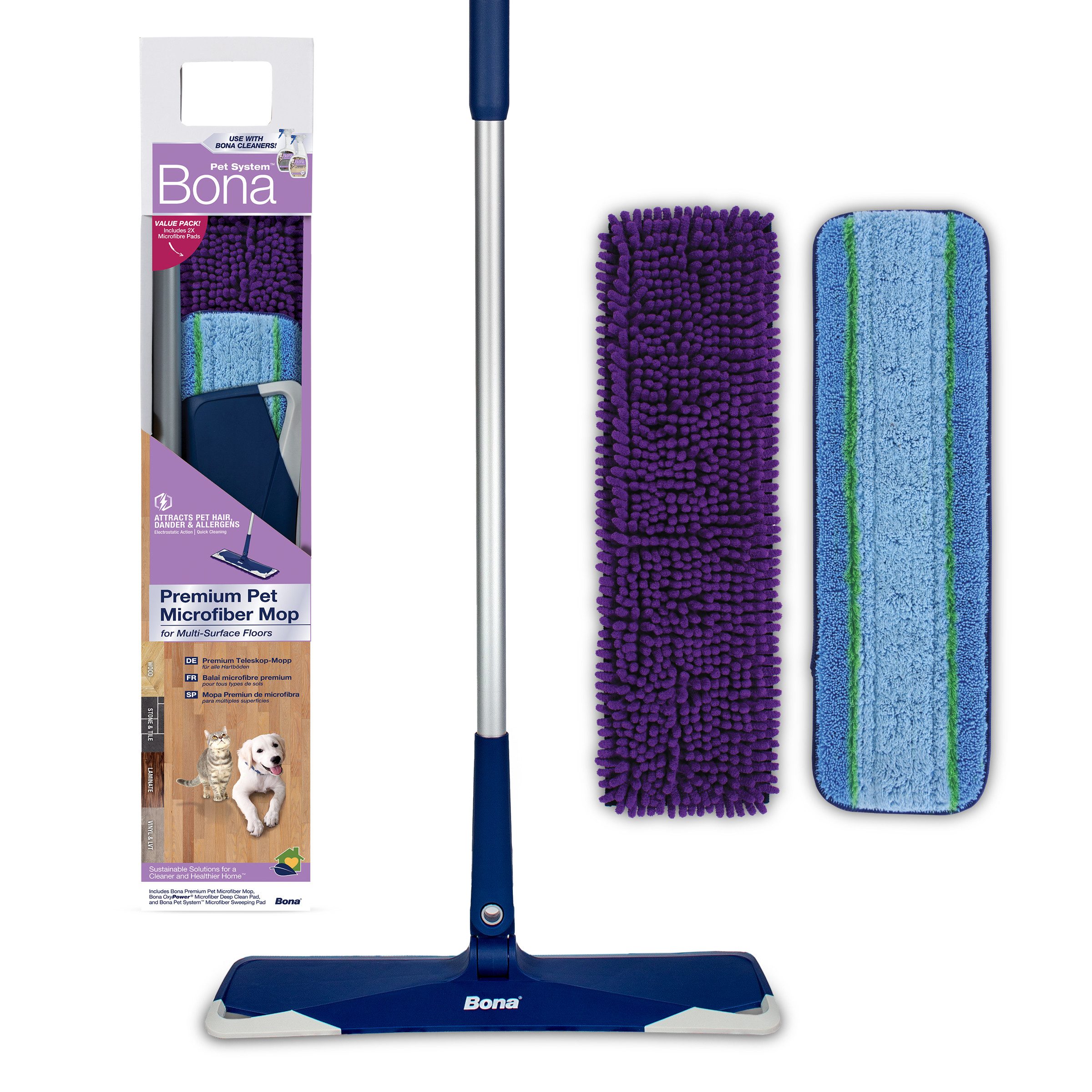 Bona Reinigungs-Set Pet System Premium Teleskop-Mopp Set, Inkl. OxyPower Mikrofaser Deep Clean Pad & Pet System Sweeping Pad