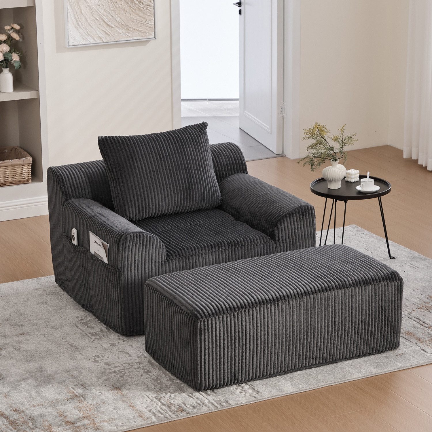 ANYSUN Relaxsessel Übergroßer Sofasessel mit FuBstutze,Loungesessel,Sessel (Lesesessel aus Kordsamt mit Seitentaschen und Kissen,tiefer Sitz), moderner gepolsterter Sessel, Sofasessel,keine Kein Zusammenbau nötig