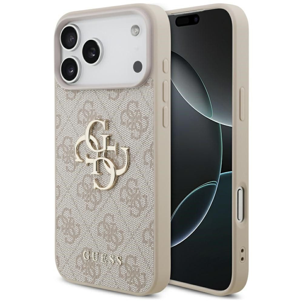 Guess Handyhülle iPhone 17 Pro Max Kunstleder rosa Big Logo Metall goldfarben 6,9 Zoll, Kantenschutz
