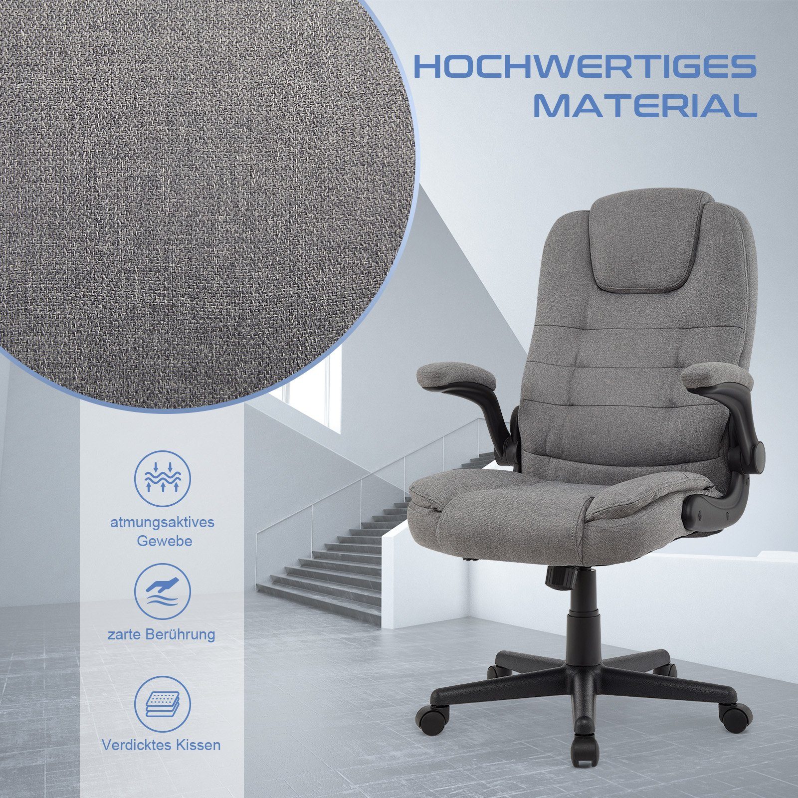 Intimate WM Heart Chefsessel Ergonomisch Bürostuhl mit Klappbaren Armlehnen, Stoff Stuhl mit Wippfunktion, Höhenverstellbar Drehstuhl – Bild 4 von 5
