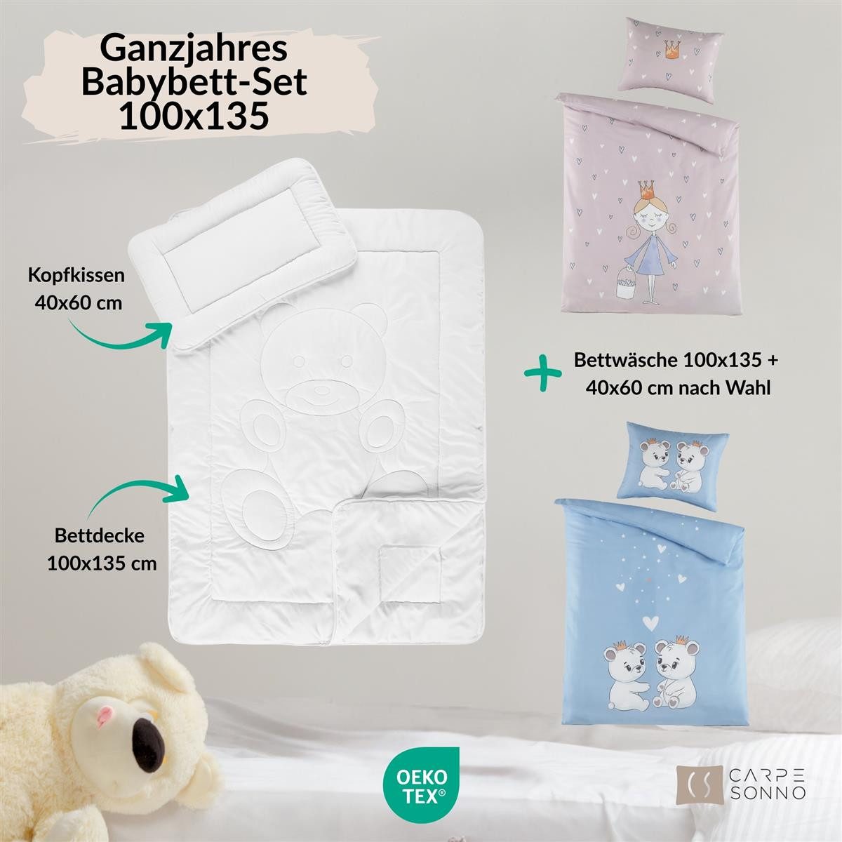 Carpe Sonno Kinderbettdecke + Kopfkissen + Bettwäsche 100x135 40x60 Baby Säugling Bettset Erstlingsausstattung, Füllung: silikonisierte Hohlfaser, Bezug: 100% Polyester, Babybett Bettenset ALL IN ONE Mädchen Prinzessin