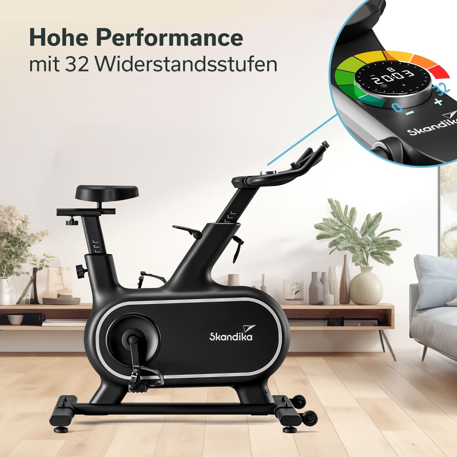 Skandika Heimtrainer Fahrrad Cykling P12-H, 32 Stufen, Magnetbremssystem, 12kg Schwungmasse, Tablet-Halterung, App Steuerung mit Kinomap, von 190 cm bis zu 120 kg.