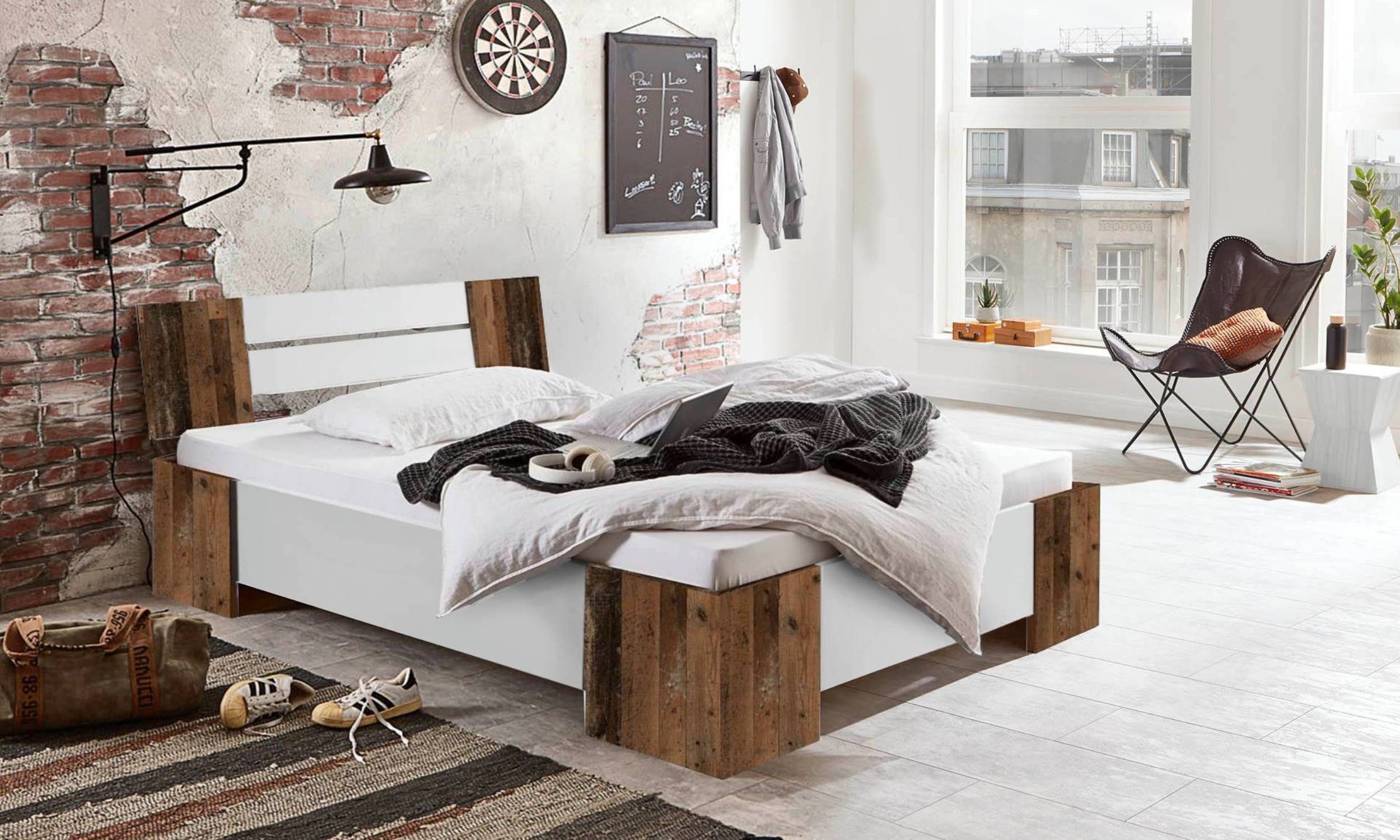 BMG Möbel Futonbett Graz 2 (Weiß Glanz / Oldstyle Oak, 140x200 cm wahlweise mit oder ohne Rollrost), ideal als Bett für Jugendzimmer oder Gästezimmer geeignet