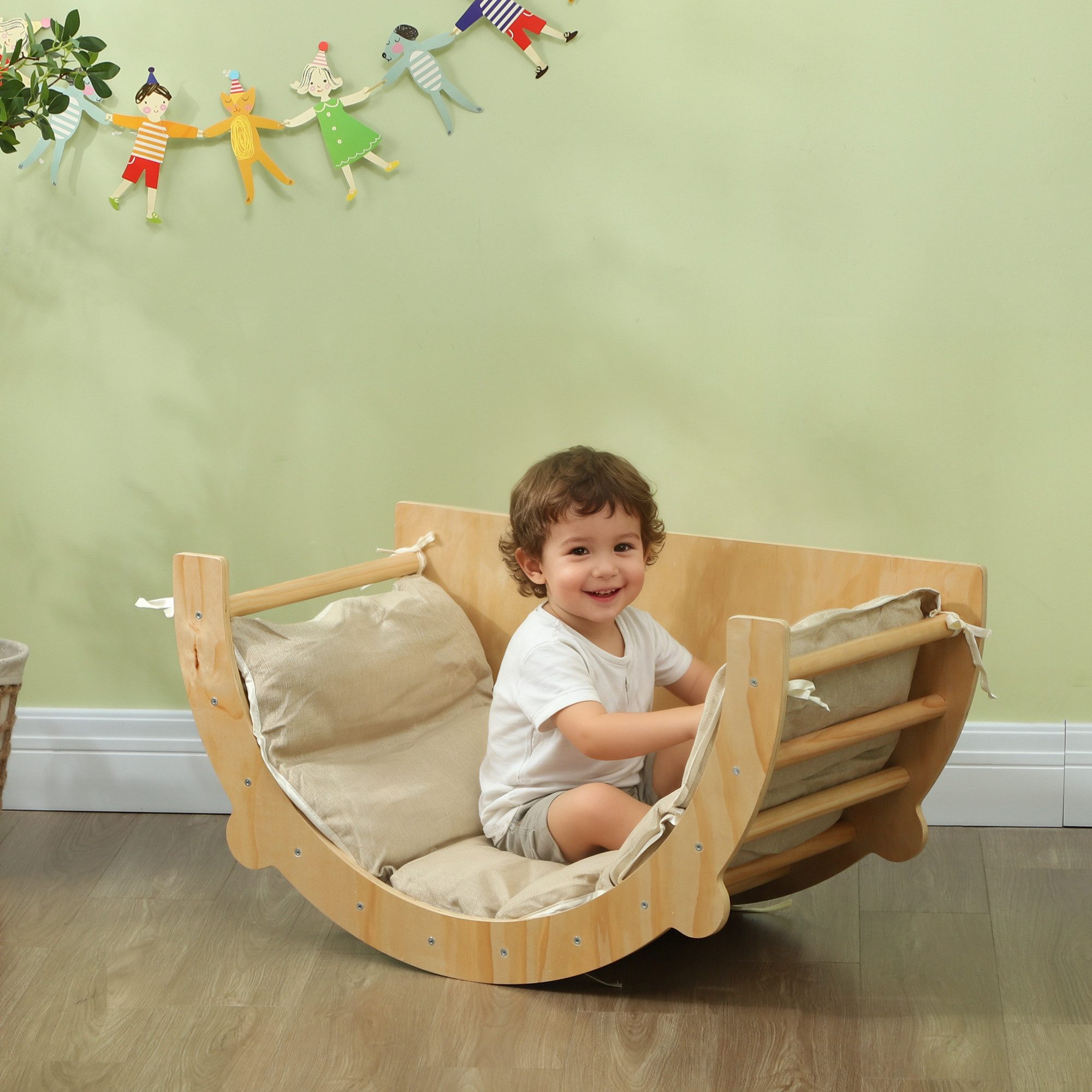 AIYAPLAY Klettergerüst 3 in 1 Set, mit Tischplatte Kissen, (Kletterspielzeug, 1-St., Kletterbogen zum Rutschen und Klettern), aus Holz, für Kinder 1.5-4 Jahre, Indoor, Naturholz