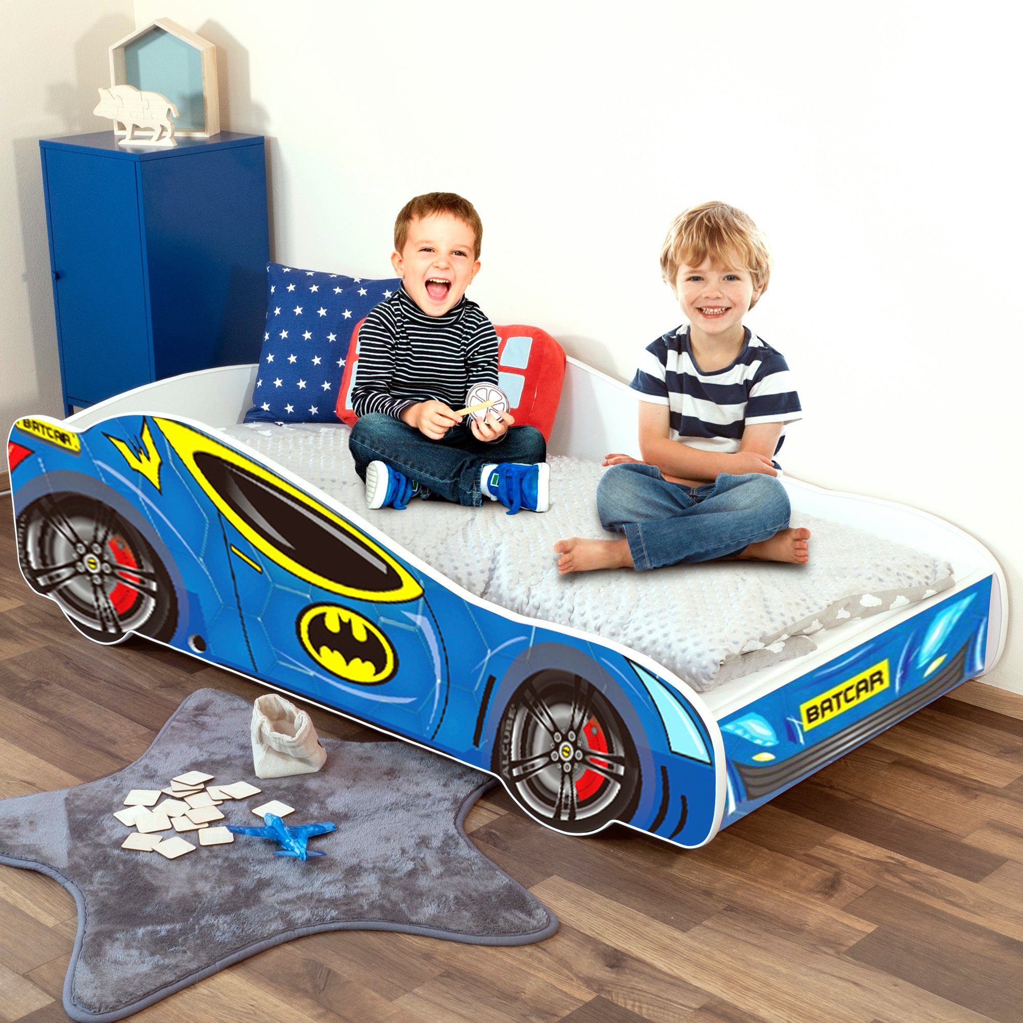 Möbel Babymöbel Alcube Rennwagenbett BATCAR, Autobett 70x140 für kleine Rennfahrer im BATMAN CAR Design ohne Matratze, mit Latte