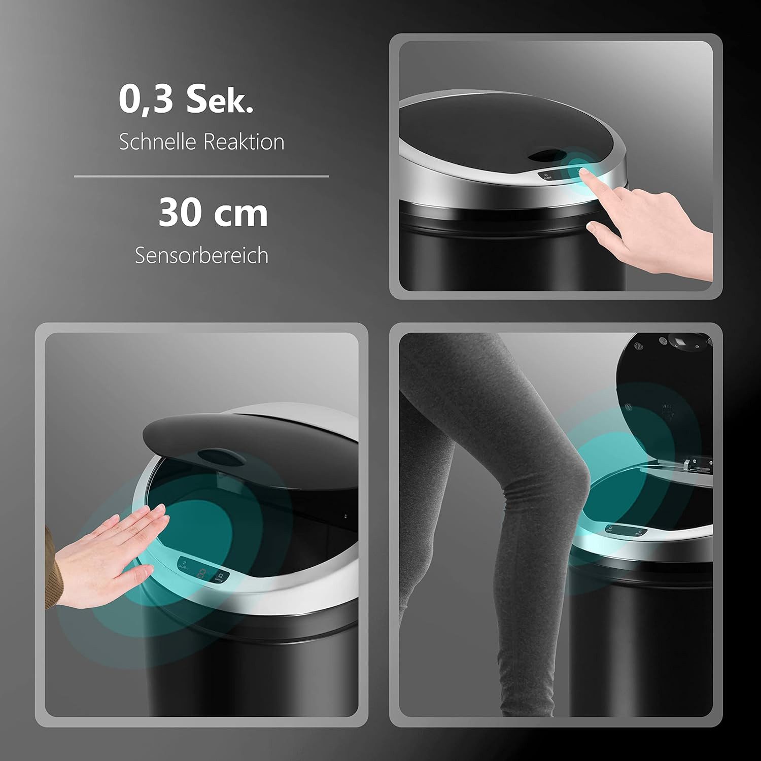 Ribelli Mülleimer Sensor Mülleimer 30L, schwarz, Mülleimer Abfalleimer Küche Mülltrennsystem