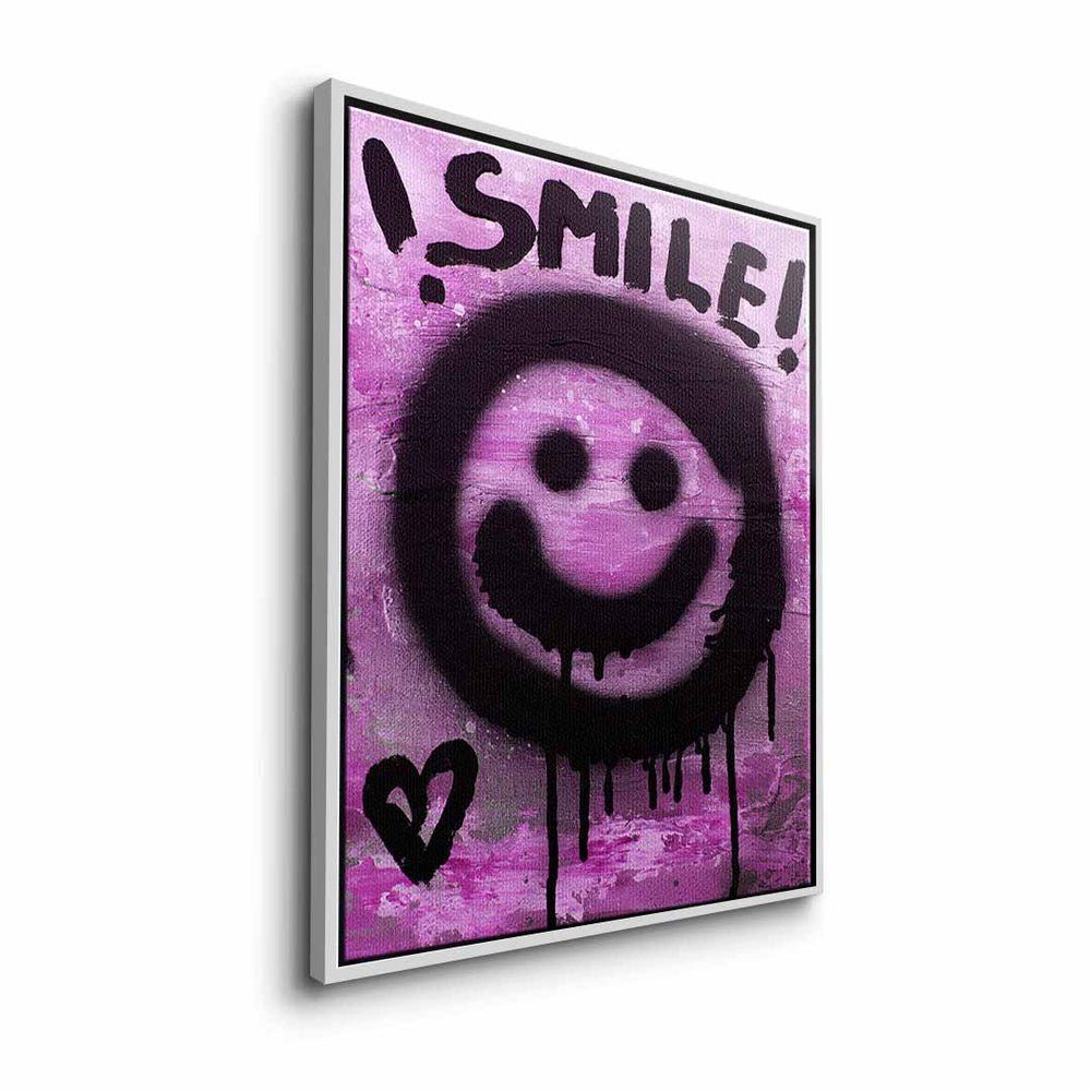 Leinwandbild mit Leinwandbild, premi lächle lila smilie Rahmen DOTCOMCANVAS® goldener schwarz emoji smile graffiti