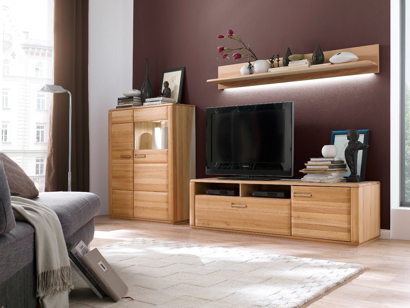 Empinio24 Wohnwand Sanremo, (Spar-Set, 3-St., bestehend aus: Highboard, TV-Lowboard, Wandboard), Gesamtbreite 300 cm, Kernbuche teilmassiv