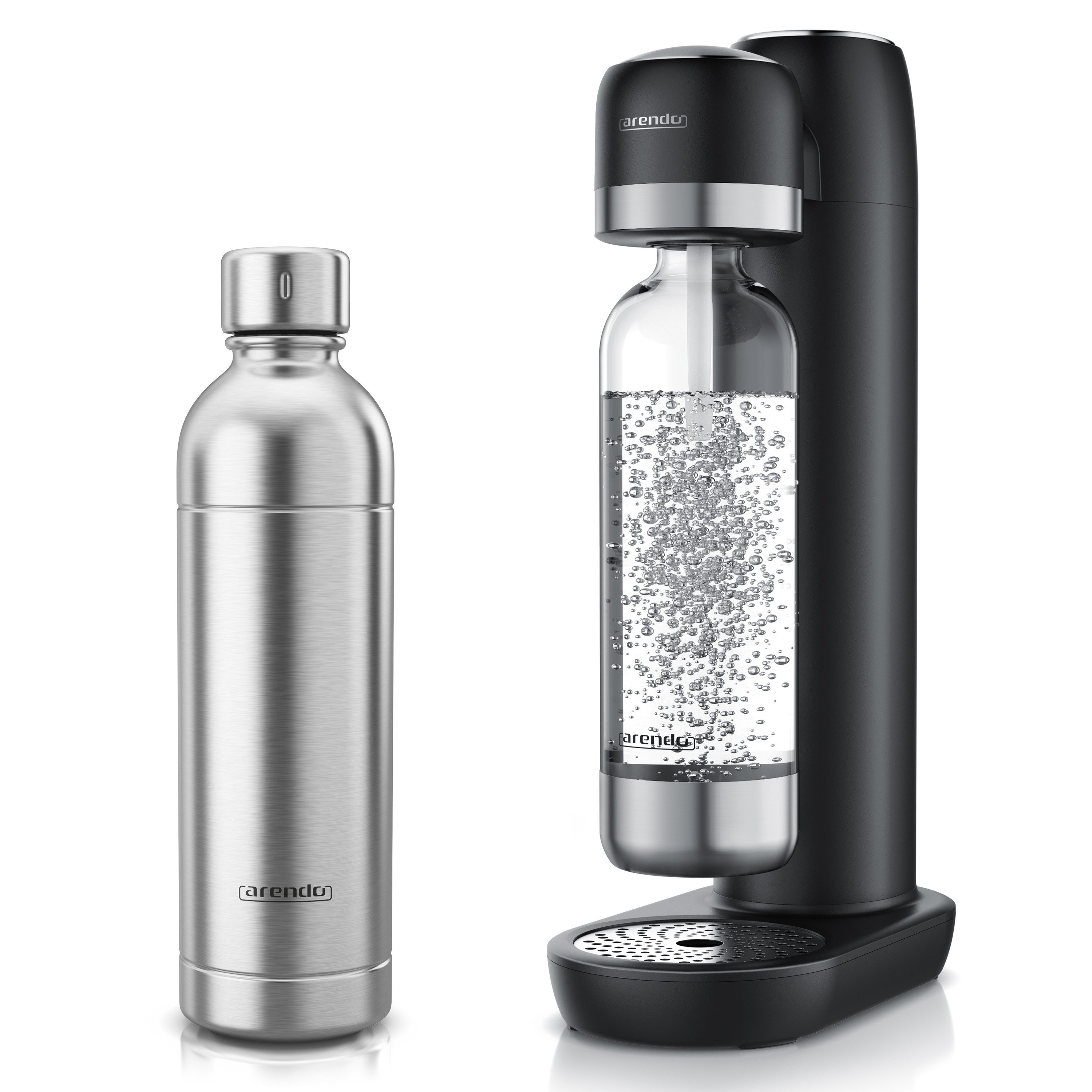 Arendo Wassersprudler Wassersprudler Set + 1 Edelstahlflasche 1L schwarz, (Set, 2-tlg., Soda Maker, PET-Flasche), Soda Streamer mit Wasserflasche, BPA-frei, fein dosierbar, Carbonator