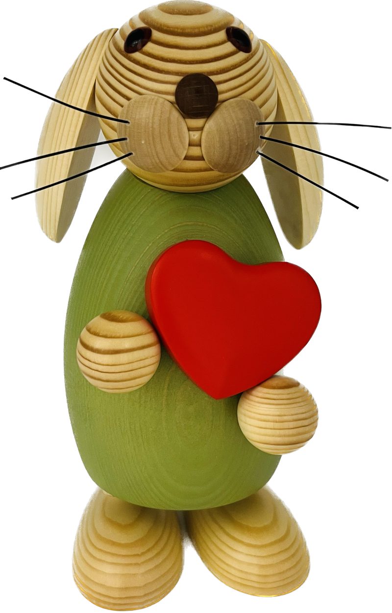 Richard Glaesser Osterhase grün mit Herz (32 cm), Hase aus Holz, Handwerkskunst aus dem Erzgebirge