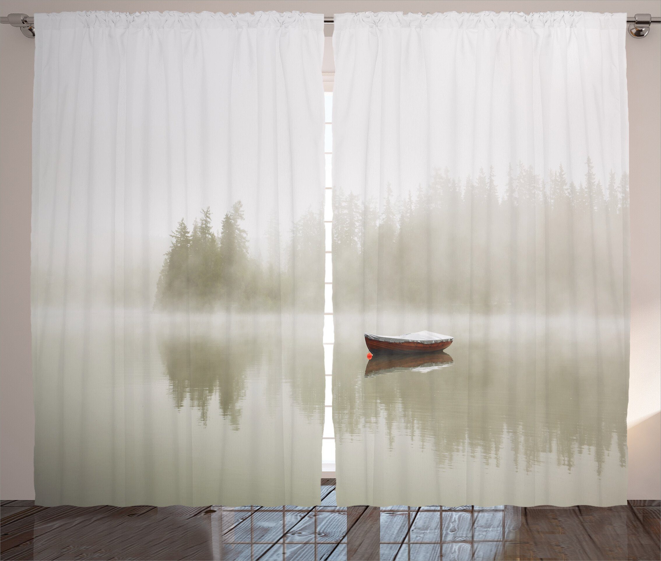 auf mit Schlaufen Grau Vorhang dem Schlafzimmer See und Natur Gardine Abakuhaus, Kräuselband Boot Haken,