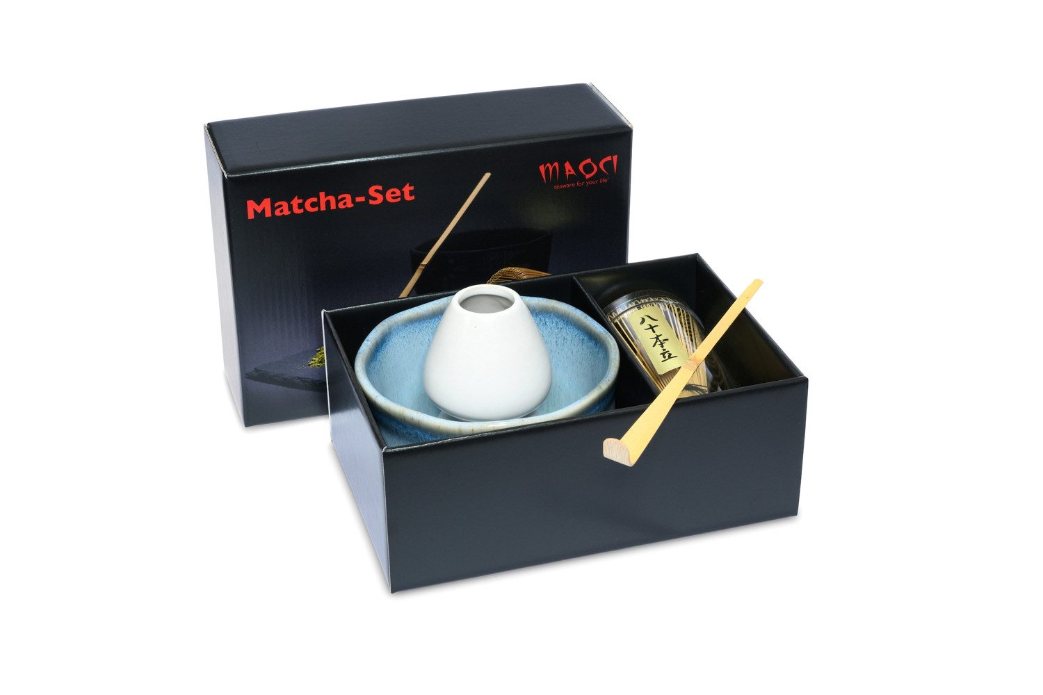 MAOCI teaware for your life Teeschale Matchaset Premium blau glänzend grau matt Besen Löffel Besenhalter, 4-tlg. Set