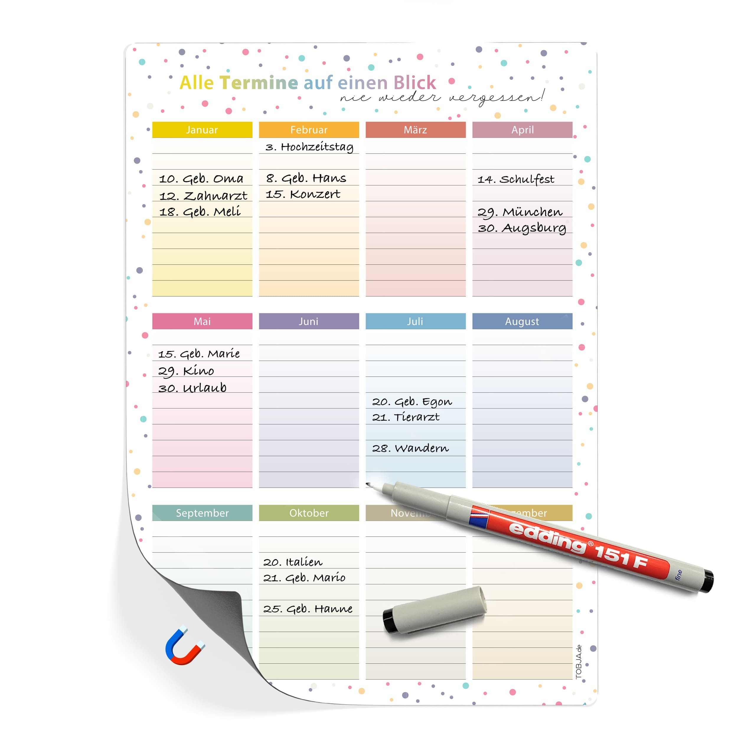 TOBJA Geburtstagskalender Magnetischer Geburtstagskalender A4 inkl. Stift, Jahresunabhängig & abwischbar - Immerwährender Календарі