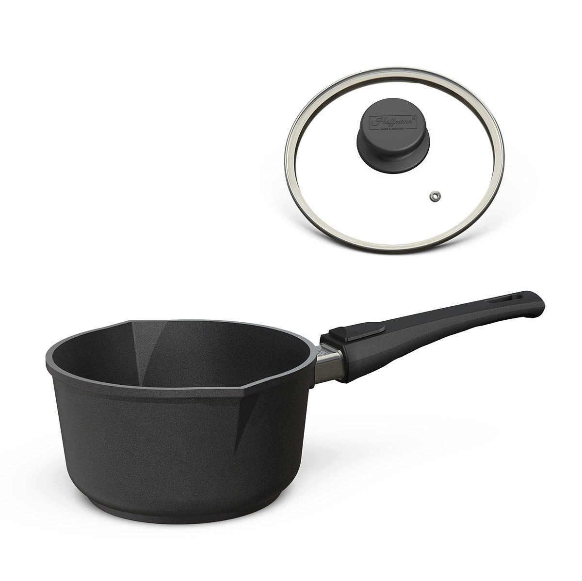 Hoffmann Germany Milchtopf Stieltopf Aluguss mit Ausgießer Ø 18 cm Deckel – Made in Germany, Aluguss (Set, 2-tlg., 1x Milchtopf Ø 18 cm + 1x Glasdeckel), Ausgießer, abnehmbarer Griff, Antihaft, backofenfest, Induktion