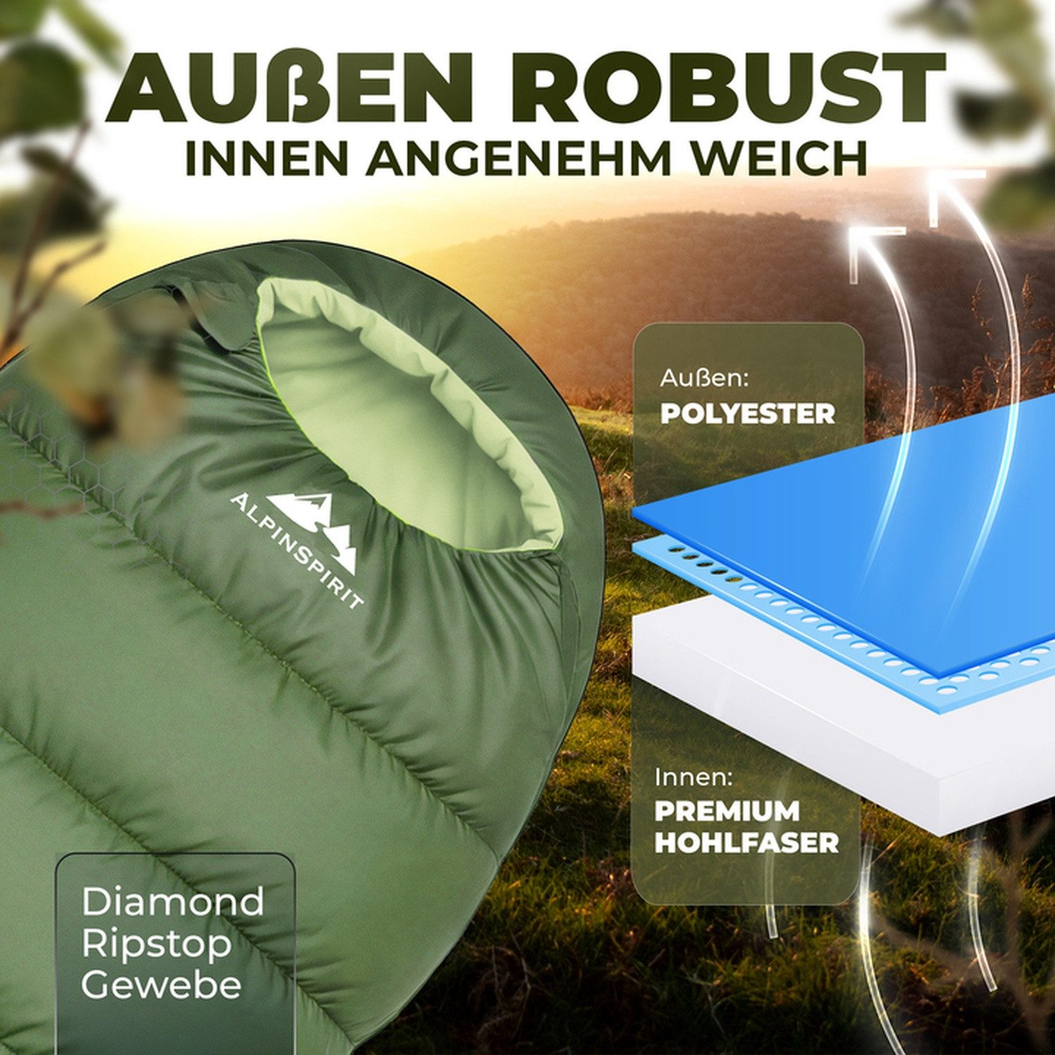 AlpinSpirit Mumienschlafsack [Ultraleicht] 3 Jahreszeiten Sommer & Winter, Packmaß, 210x75 cm (Festival, Trekking, Outdoor, Camping), 2 Wege Reißverschluss, 3 Jahreszeiten, Wasserabweisend