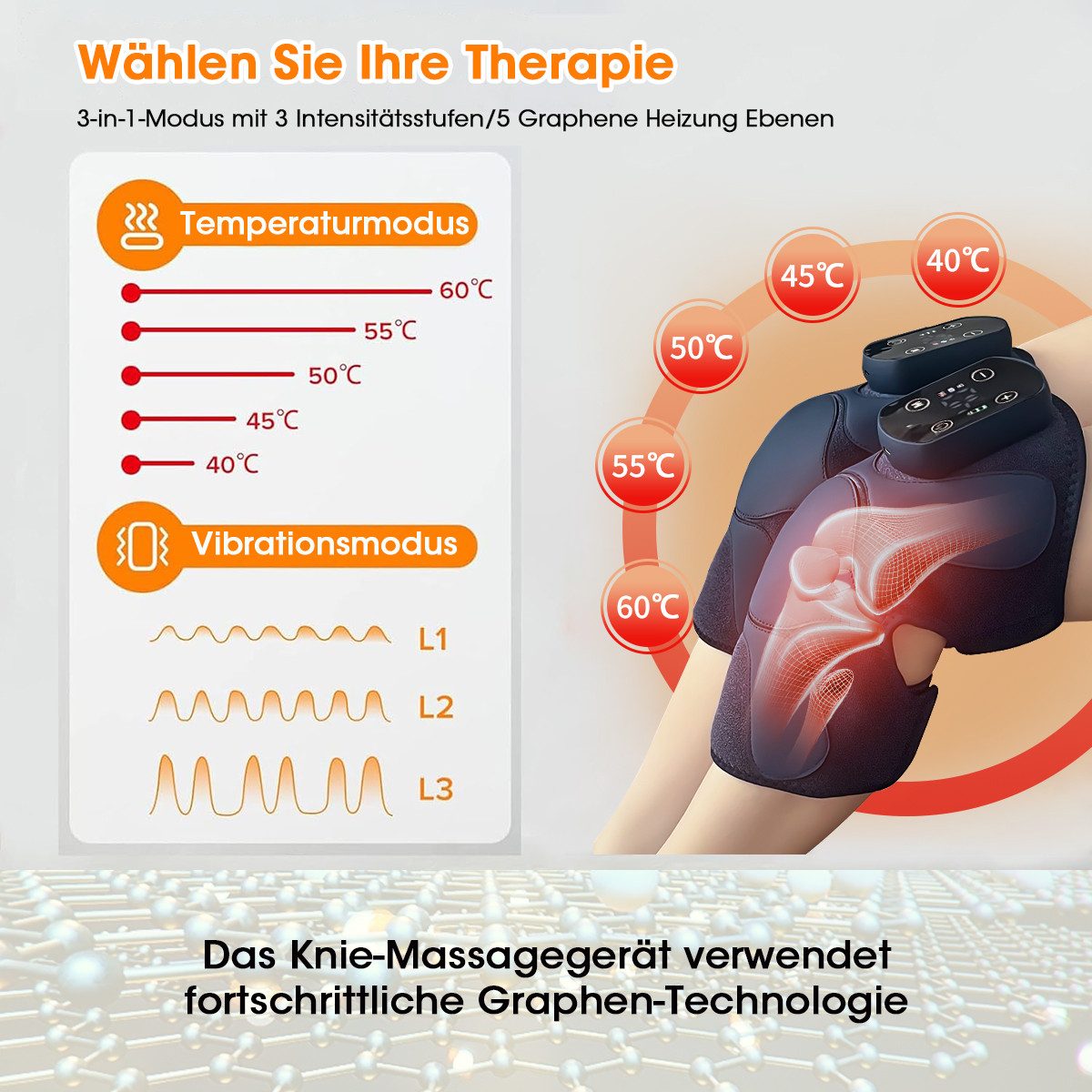 FOSMET Massagegerät 2025 NEW Kniemassagegerät mit Wärme,3-in-1 Multifunktions Massagegerät, 5 Graphene Heizung Ebenen und 3 Vibration Modi,beheizte Knie Brace, Mit 5000mAh Akku, 3-in-1 Kabelloses Knie-Massagegerät für Knie, Ellbogen und Schultern
