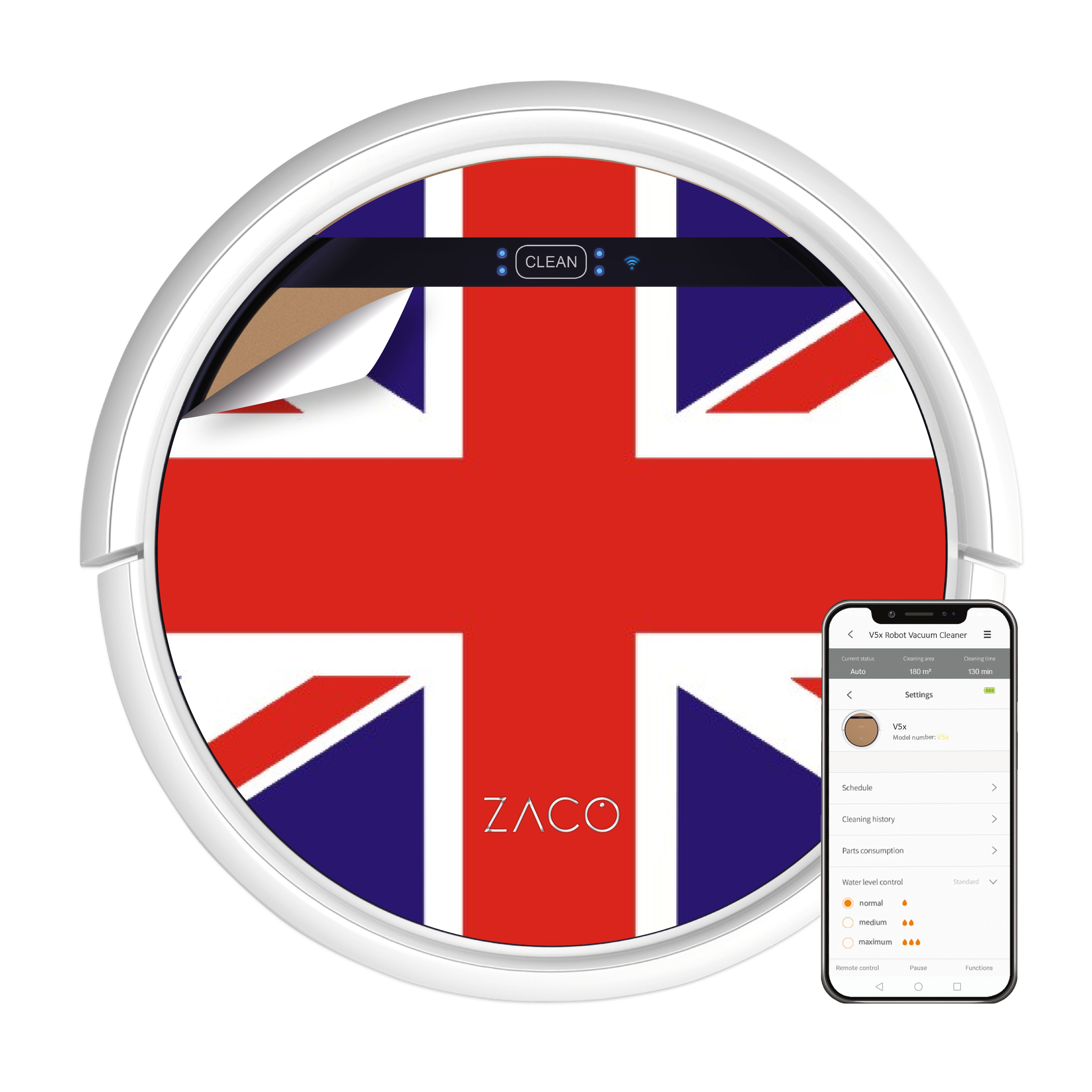 ZACO Nass-Trocken-Saugroboter V5x, 22 W, beutellos, Saugroboter mit Wischfunktion Tierhaare Sprachsteuerung, App, Alexa Britische Flagge