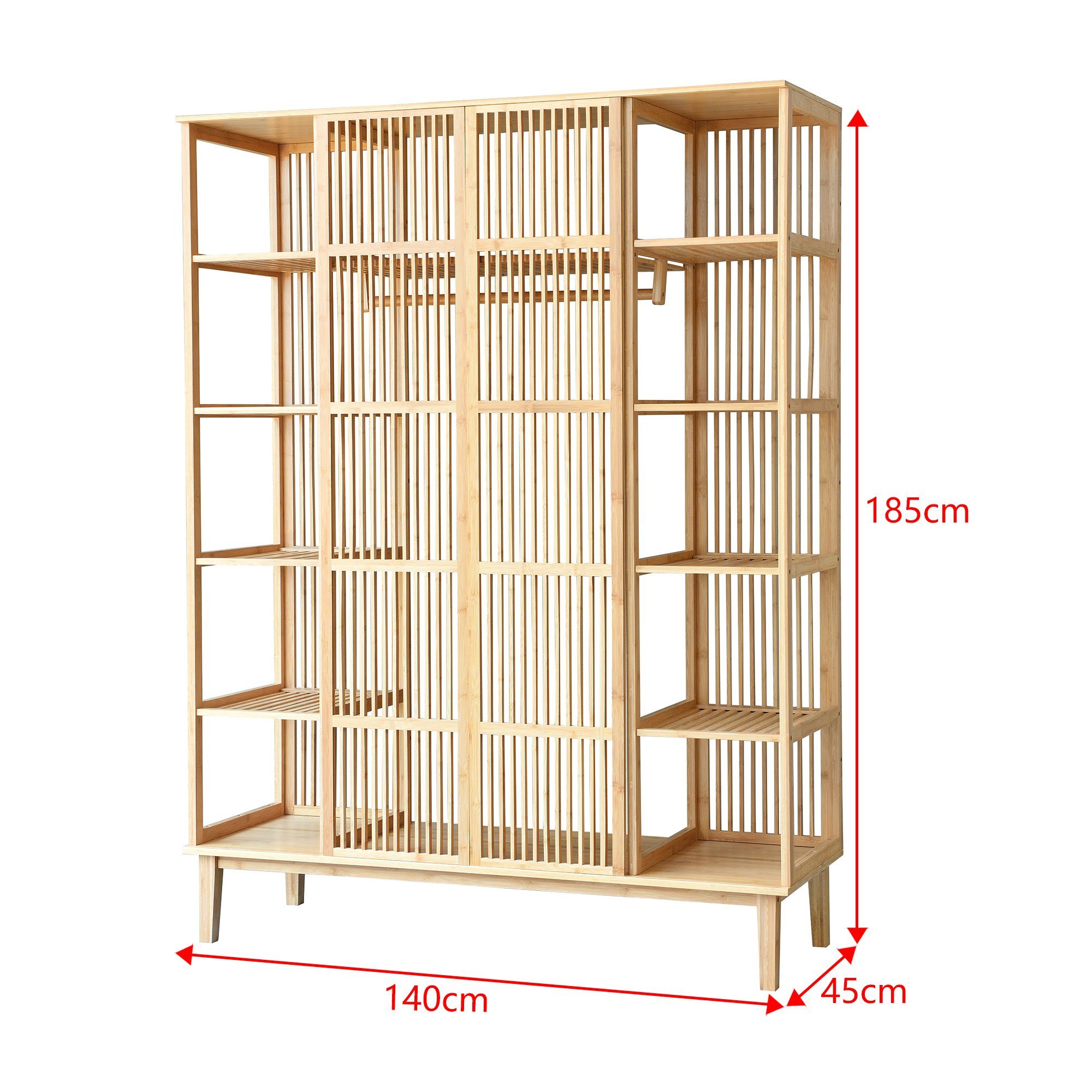 en.casa Kleiderschrank »Hudiksvall« mit 10 Staufächern, 2 großen Ablagen185x140x45cm Natur