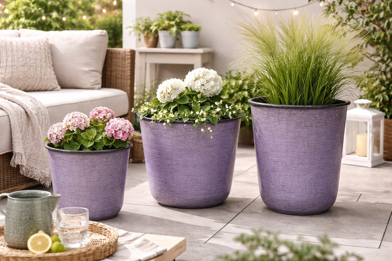 finehomegarden Pflanzkübel Metall Kübel Pflanzgefäß violett Pflanztopf Ø26+28+32cm Blumenkübel (1 St), Pflanzschale Blumentopf Garten 3Größen wählbar / Paket