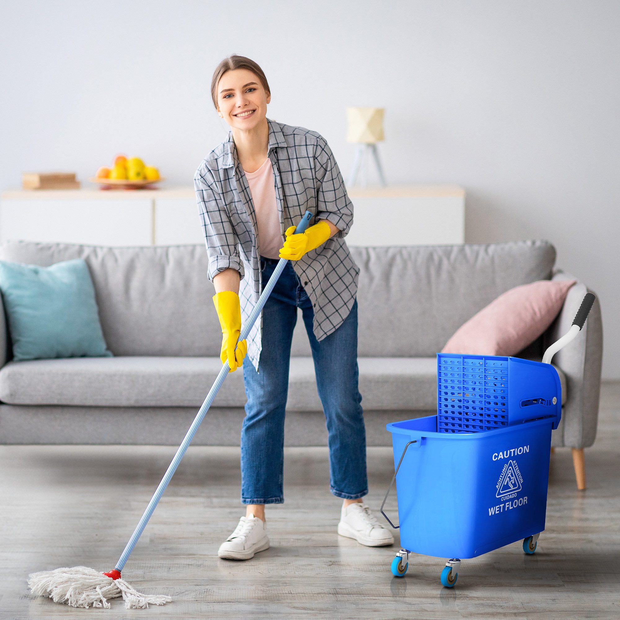 HOMCOM Putzeimer Reinigungswagen mit Wischmopp, 20 L Eimer, mit Trennwand, (Wischwagen, 1-tlg., Putzwage), mit Presse 2 Kammern Blau