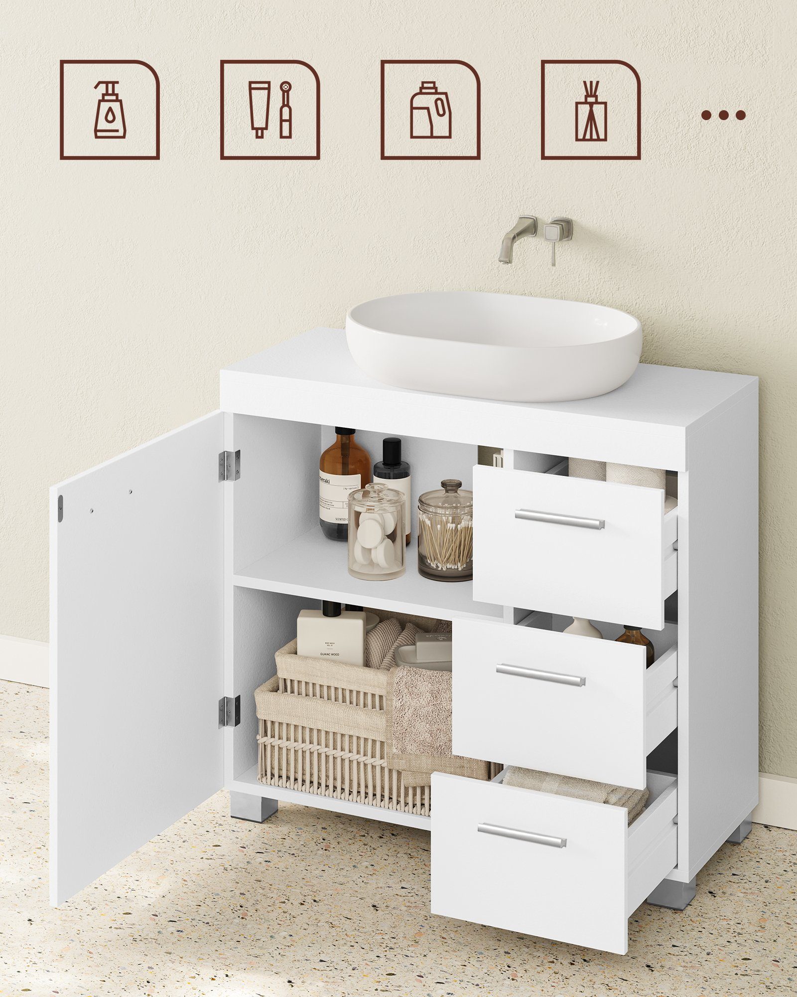 VASAGLE Waschbeckenunterschrank 3 Schubladen, mit weiß x Füßen, cm 70 30 x 64