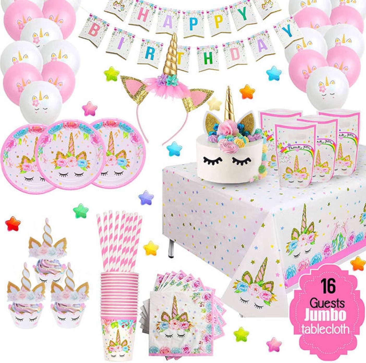 PartyFlamingo Kuchenteller Einhorn Party Set für 16 Gäste – Teller & Party Deko All Inclusive