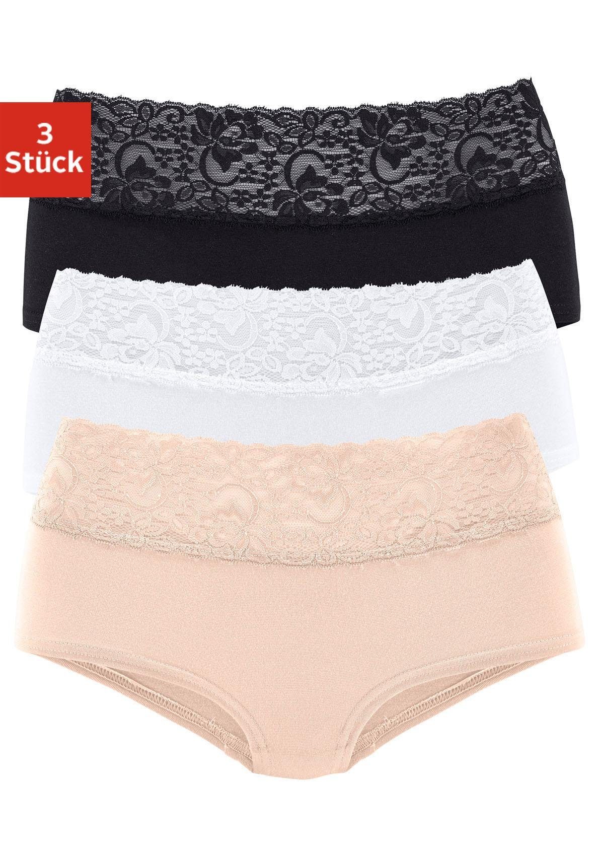 Vivance Panty 3-St) mit (Packung, beige, Spitze aus elastischer weiß schwarz, Baumwolle floraler