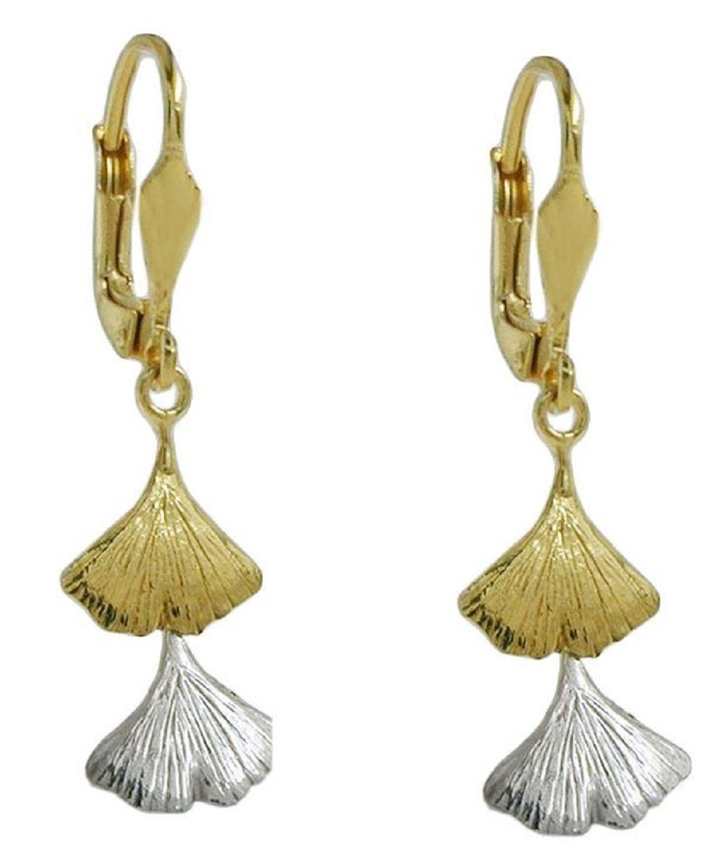 unbespielt Paar Ohrhänger Brisur 34 x 9 mm Gingko-Blatt Bicolor-Optik 375 Gold inkl. Schmuckbox, Goldschmuck für Damen