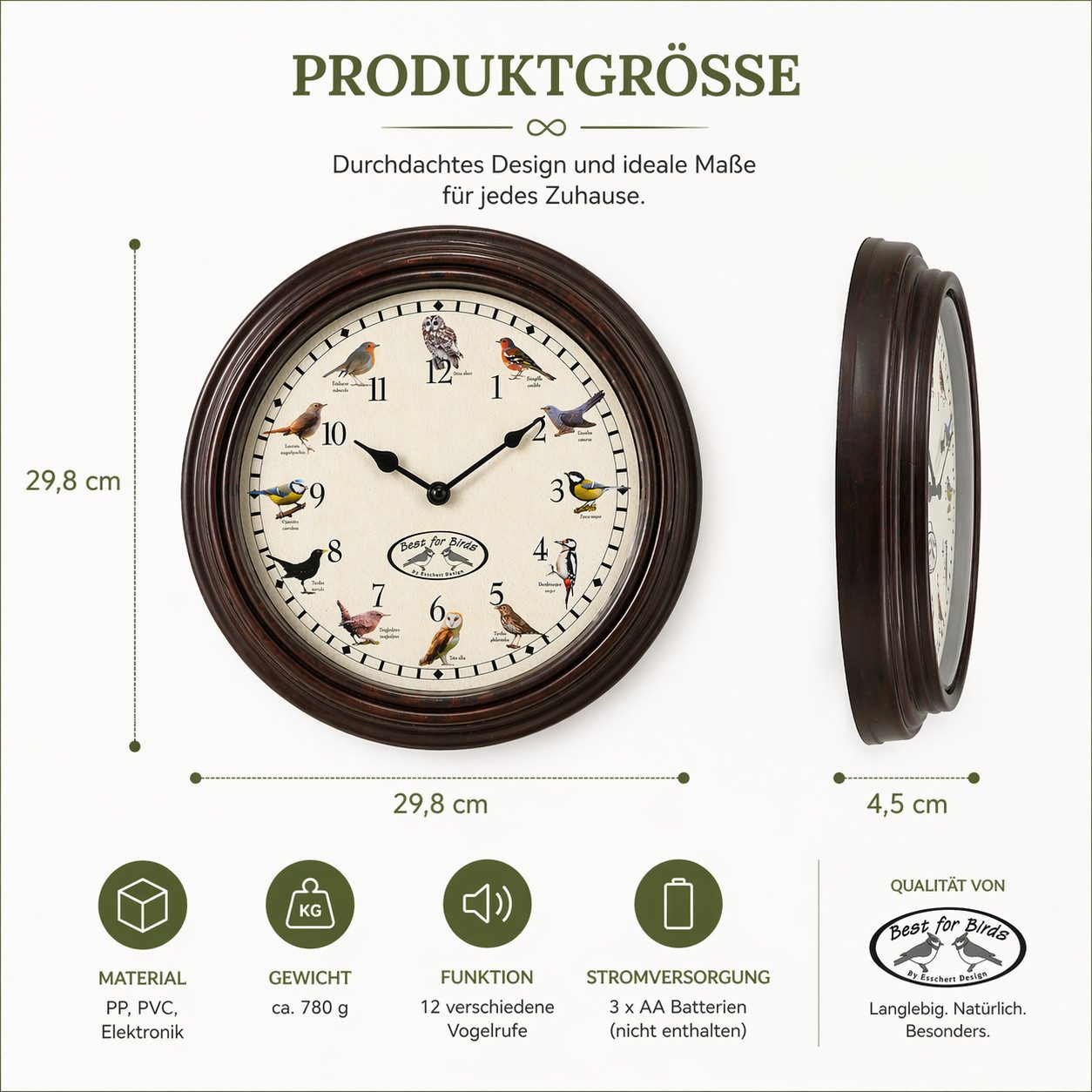 esschert design Wanduhr Wanduhr mit Vogelgezwitscher, 29,8 cm, mit 12 Vogelrufen (Uhr mit Vogelgezwitscher) – Bild 5 von 5