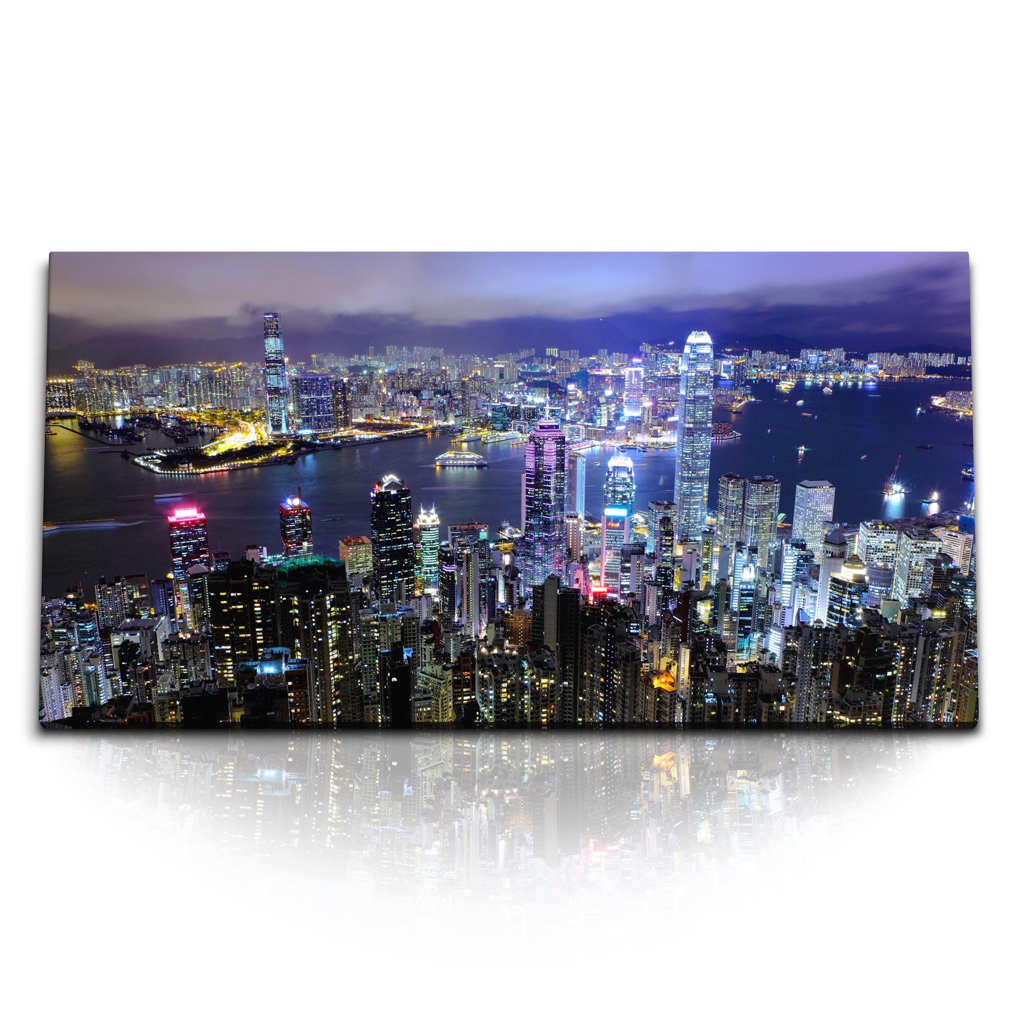 Leinwandbild Kunstdruck Bilder 120x60cm Hongkong bei Nacht Stadt Wolkenkratzer Metr