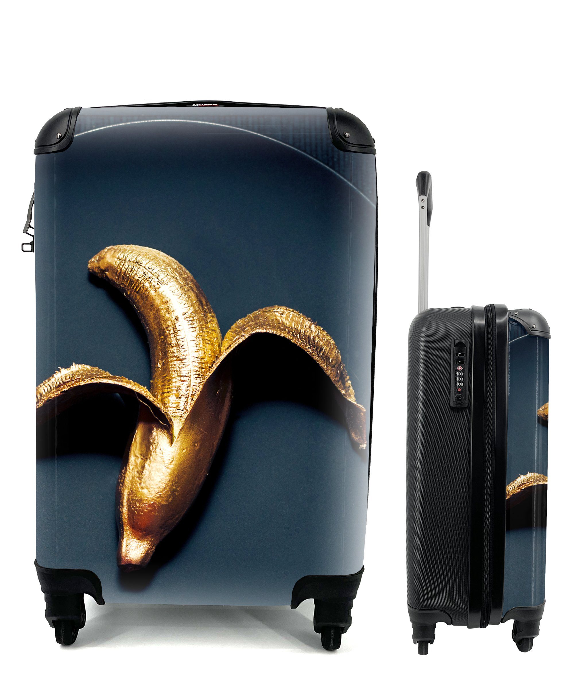MuchoWow Handgepäckkoffer Goldene Banane auf dunklem Hintergrund, 4 Rollen, Reisetasche mit rollen, Handgepäck für Ferien, Trolley, Reisekoffer