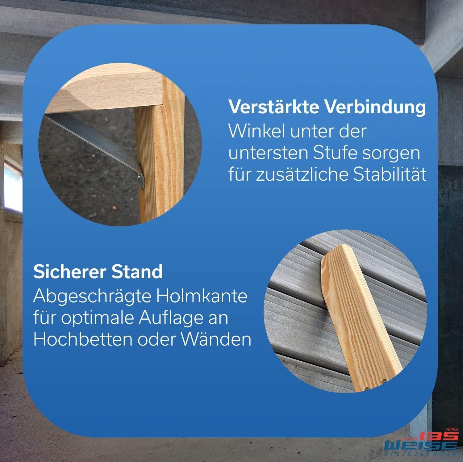 Weise Steigtechnik Anlegeleiter Holz / Hochbettleiter (5 Stufen, bis 150 kg belastbar), trittsichere Stufen, Anlegeleiter für Regale