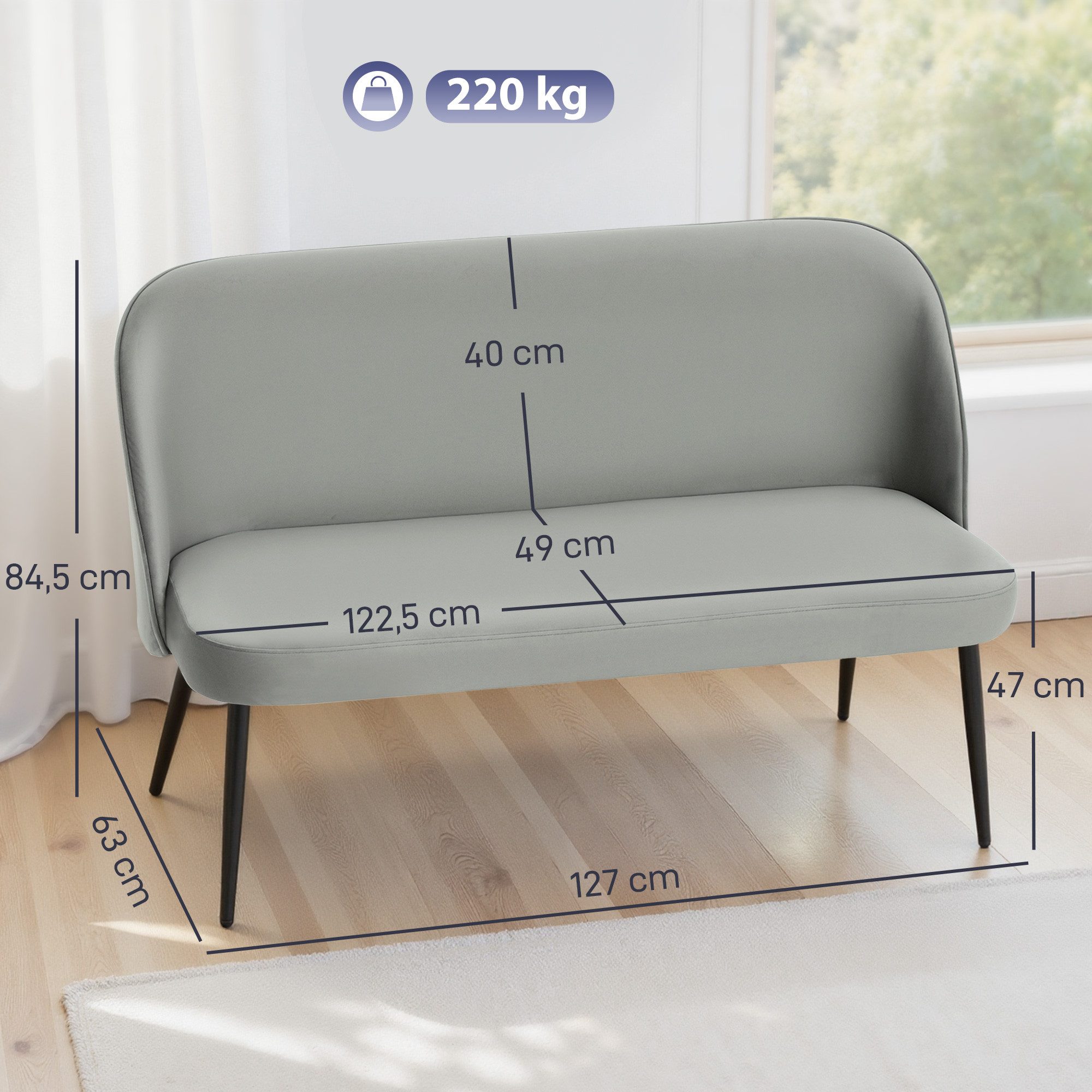 HOMCOM 2-Sitzer Sofa mit geschwungener Rückenlehne, modernes Loungesofa., Couch 1 Teile, samtartiger Stoffbezug, Grau