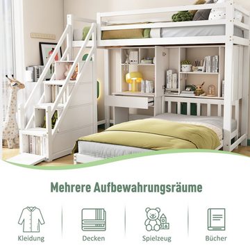 Fangqi Etagenbett 90*200CM Etagenbett mit Aufbewahrungsfunktion, Schreibtisch und Regal (set, Multifunktionales Etagenbett, Einzelbett, Jugendbett, Schlafsaalbett), Mit Treppe, Schreibtisch und Bücherregal, mit Stauraum auf der Treppe