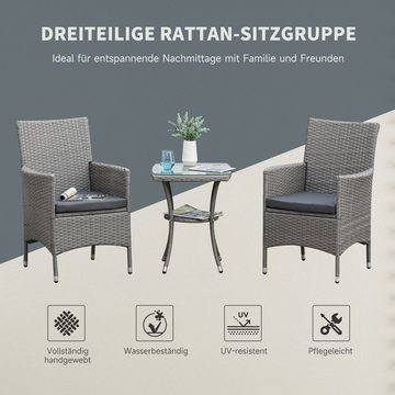 Outsunny Sitzgruppe Sitzgarnitur mit Sitzkissen Grauv 60 x 58,5 x 89,5 cm, (Set, 3-tlg., Gartenmöbel Set), Polyrattan + Stahl